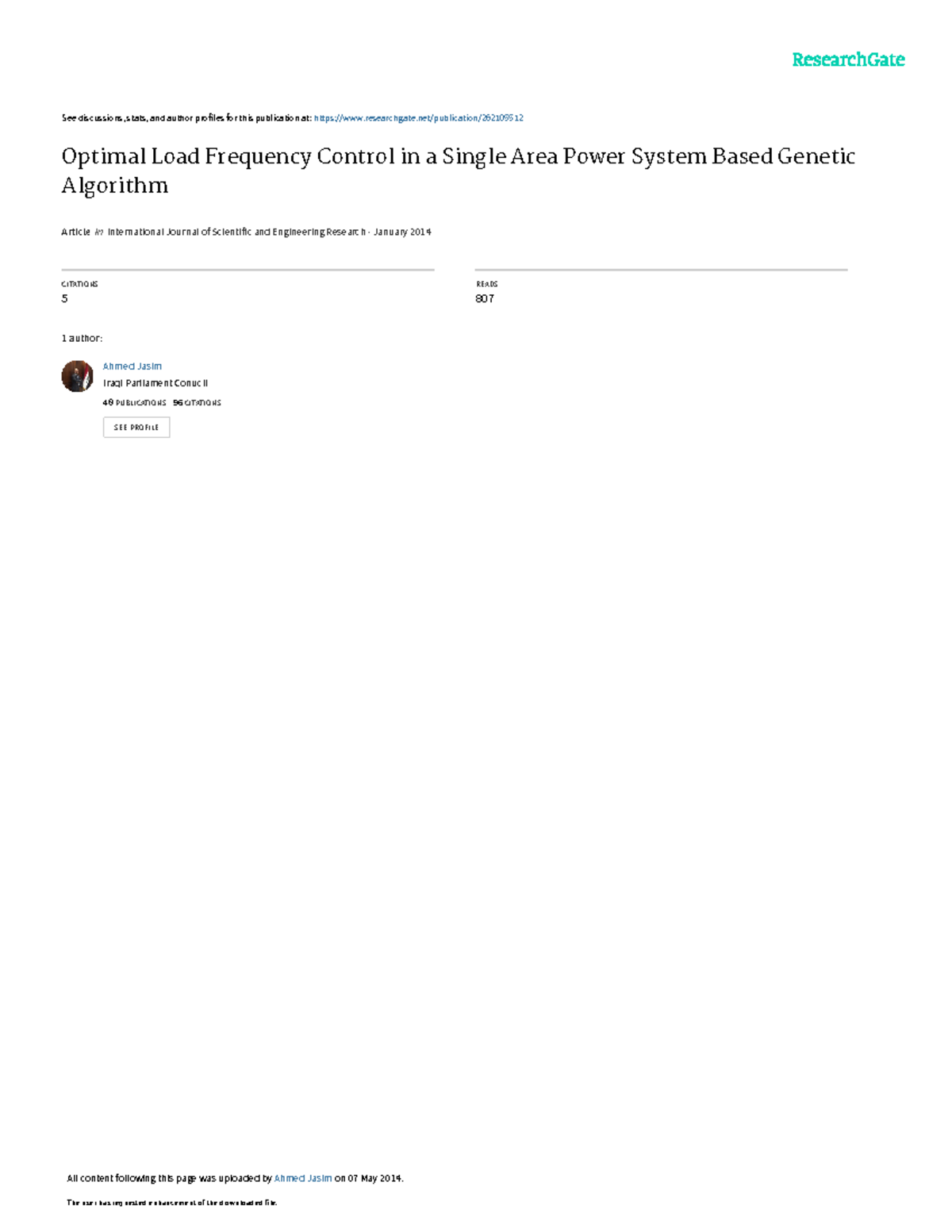 Optimal Load Frequency Control in a Single - See discussions, stats ...