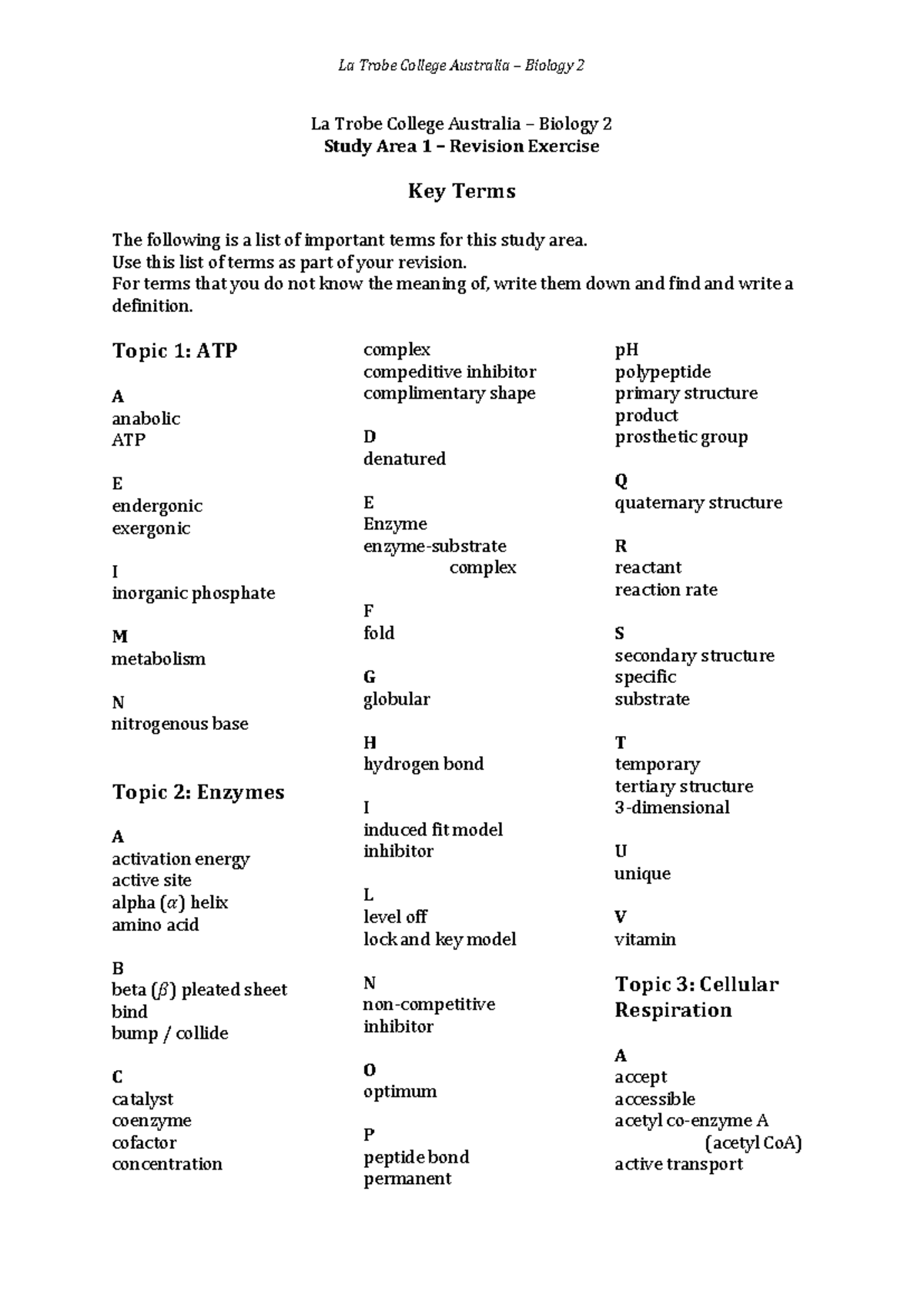 Key Terms - Study Area 1 - Philip Lawson - La Trobe College Australia