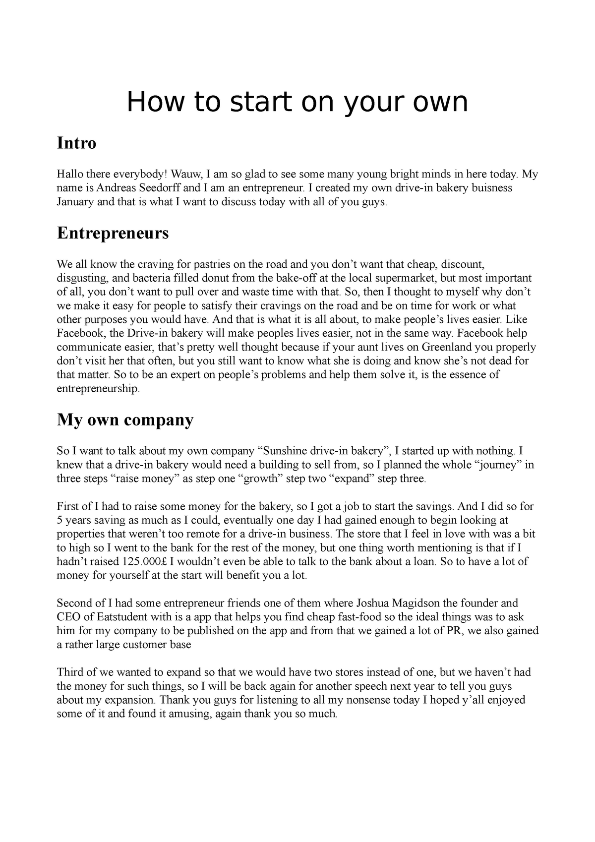 a speech on entrepreneurship