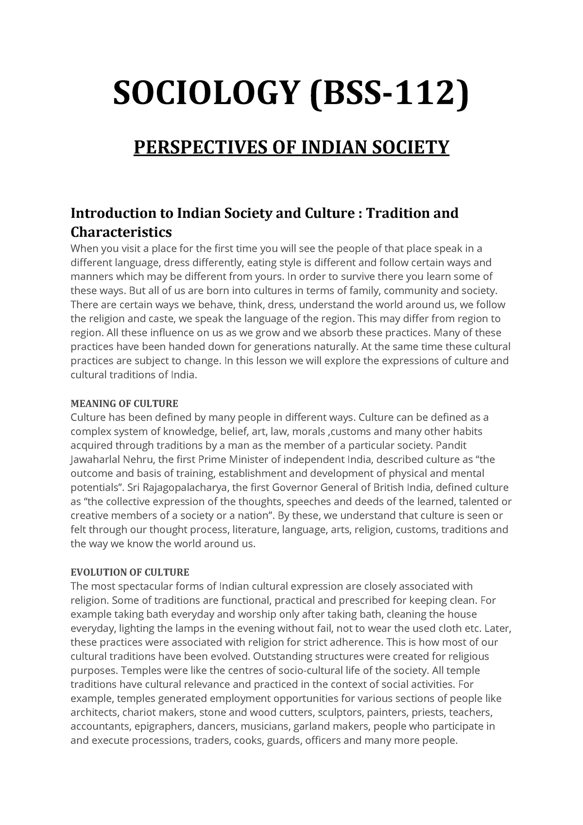 Sociology BSS-112 ( Notes) - SOCIOLOGY (BSS-112) PERSPECTIVES OF INDIAN ...