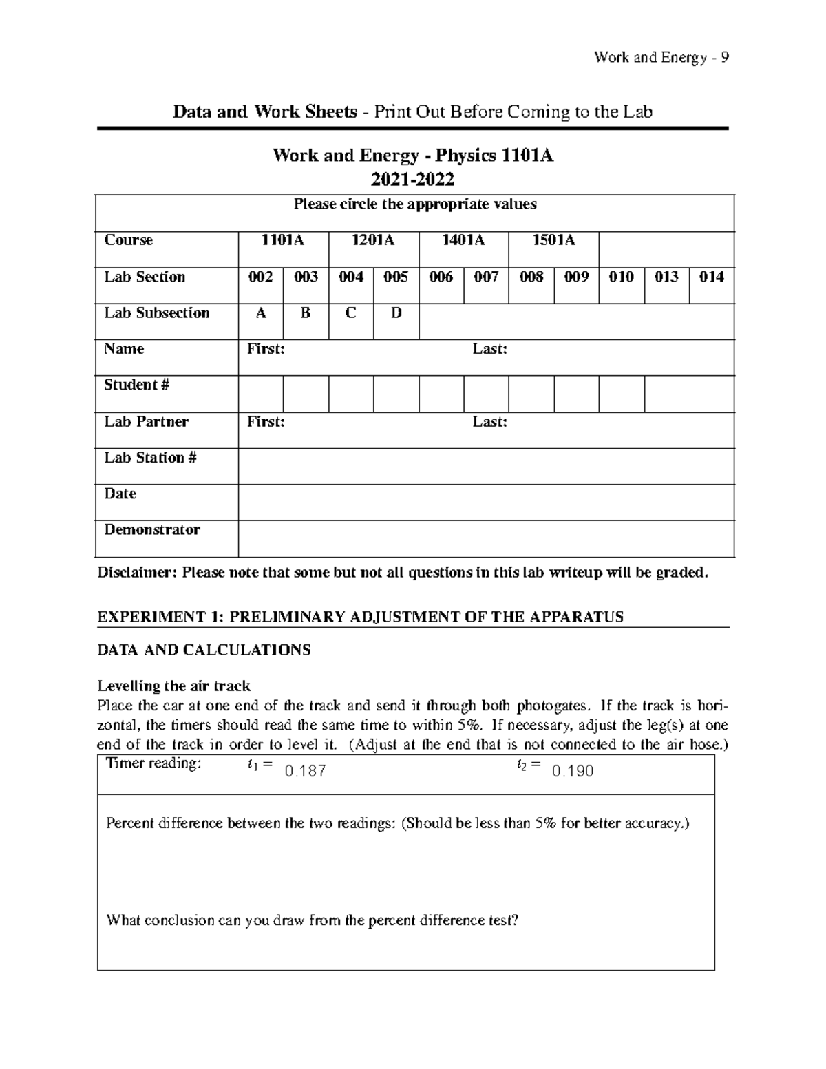 Physics1101 Work Energy Worksheets LAB2 - Physics 1101A - UWO - Studocu
