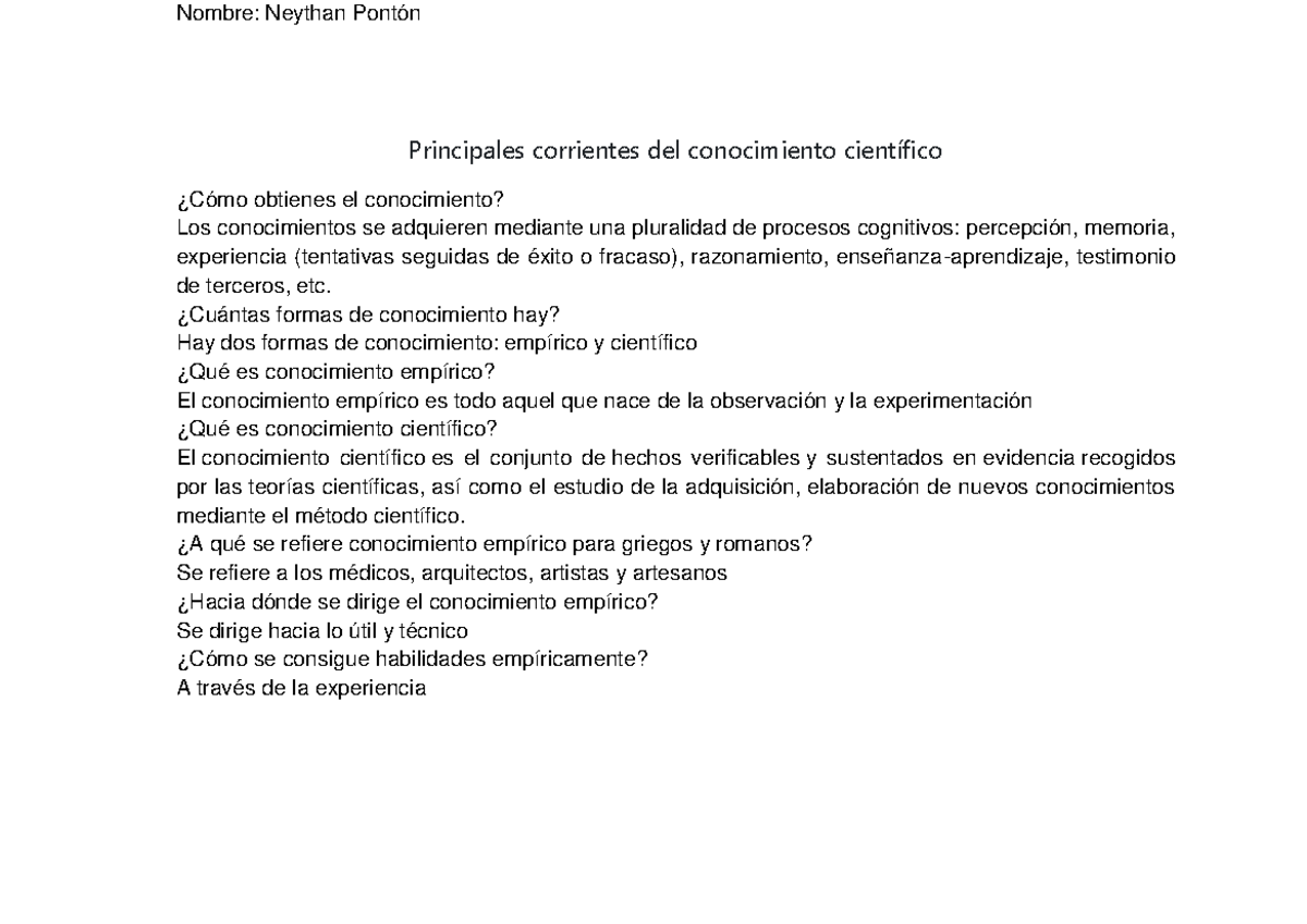 Principales Corrientes Del Conocimiento Científico - Nombre: Neythan ...