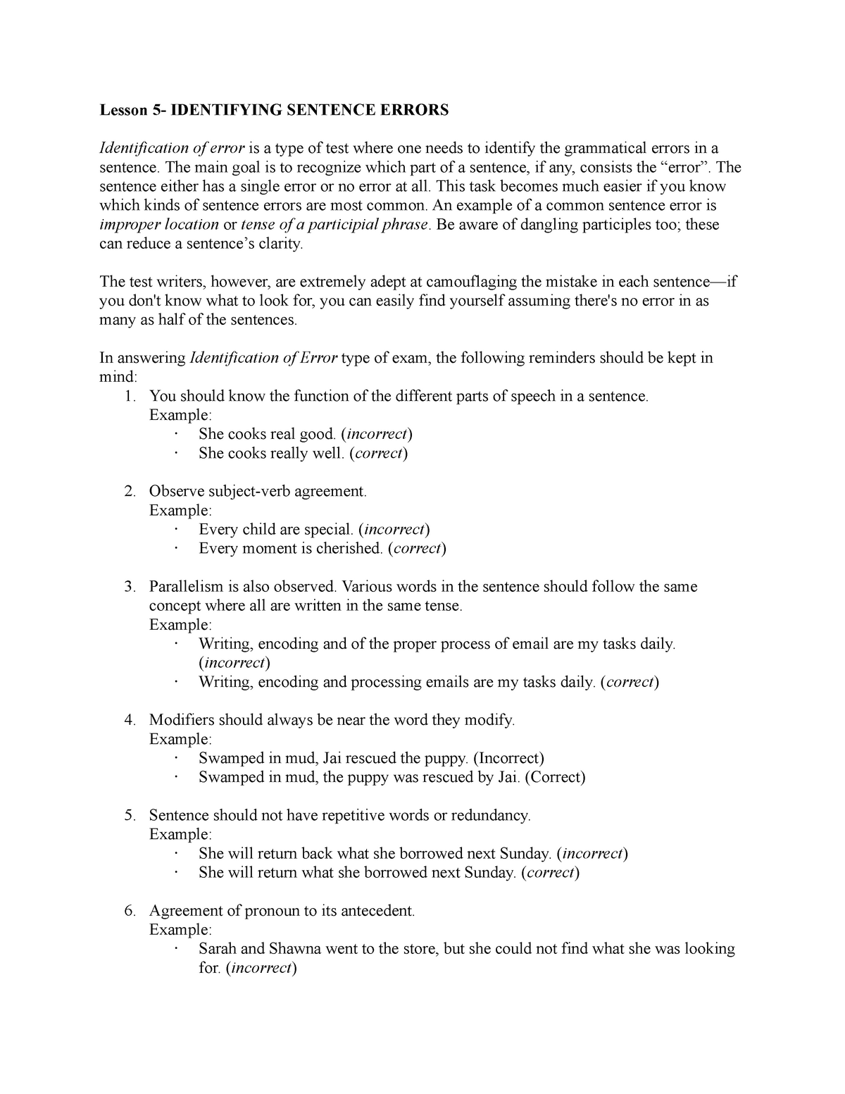 BSED Lesson 5 Identifying Errors On Sentences Lesson 5 IDENTIFYING 