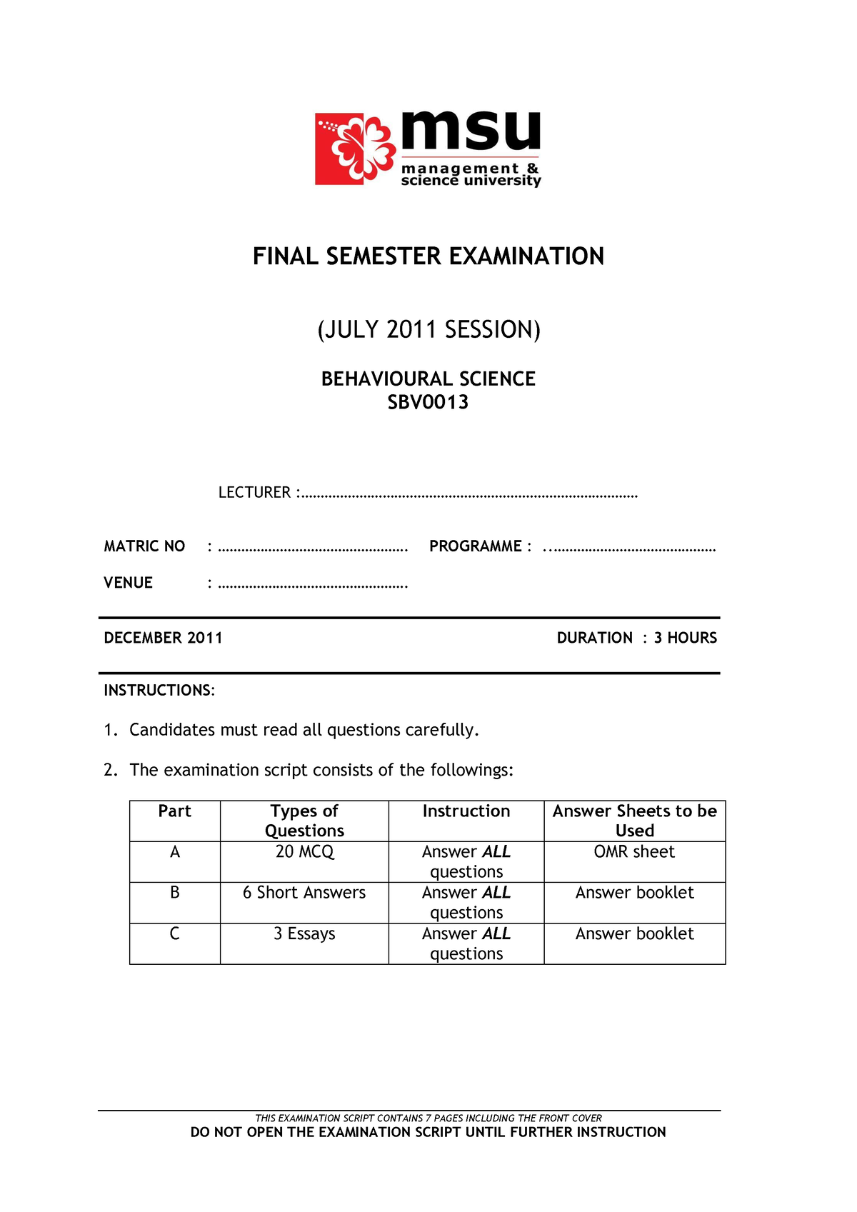 SBV0013 - Past Exam Paper - FINAL SEMESTER EXAMINATION (JULY 2011 ...