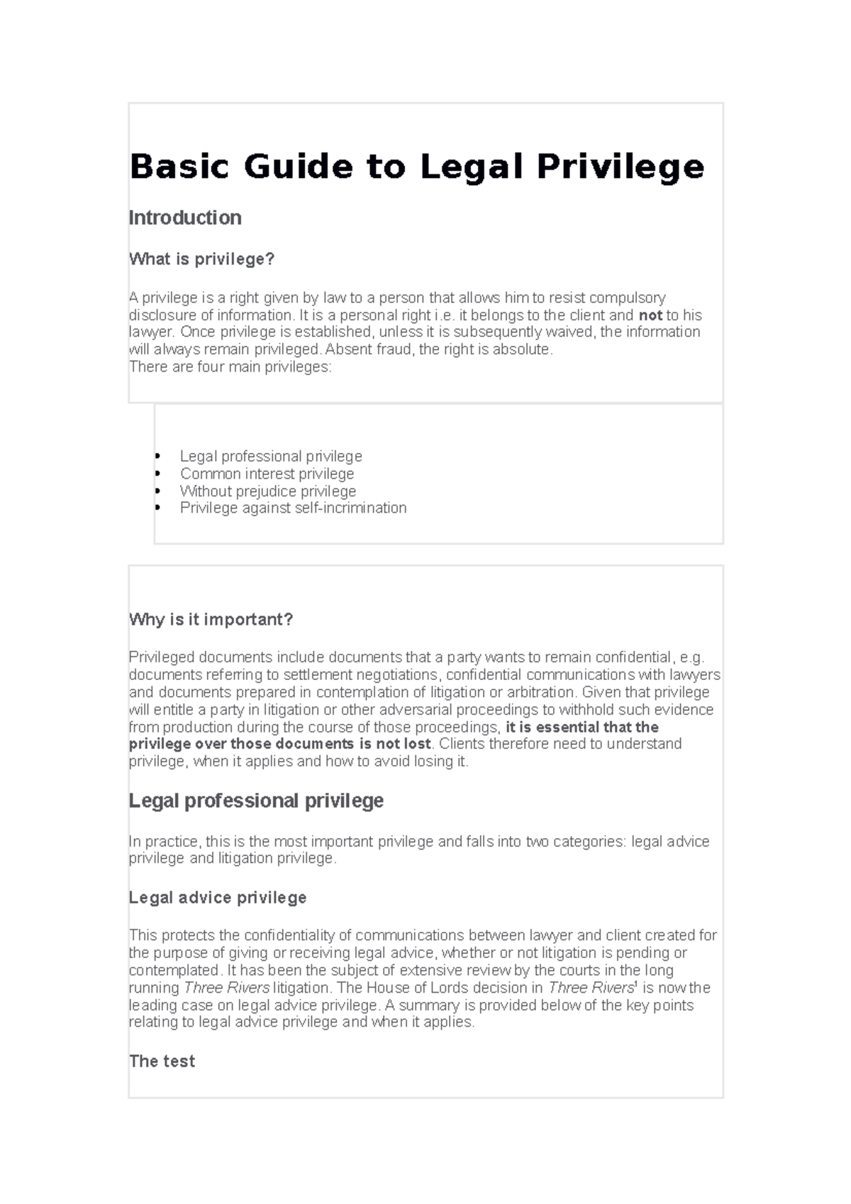Basic Guide to Legal Privilege Basic Guide to Legal Privilege
