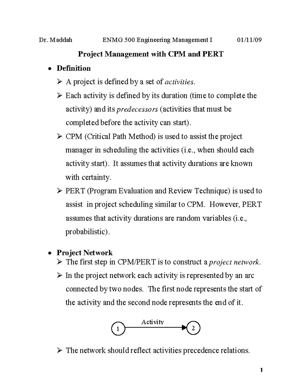 CPM PERT - CPM PERT - Dr. Maddah ENMG 500 Engineering Management I 01 ...