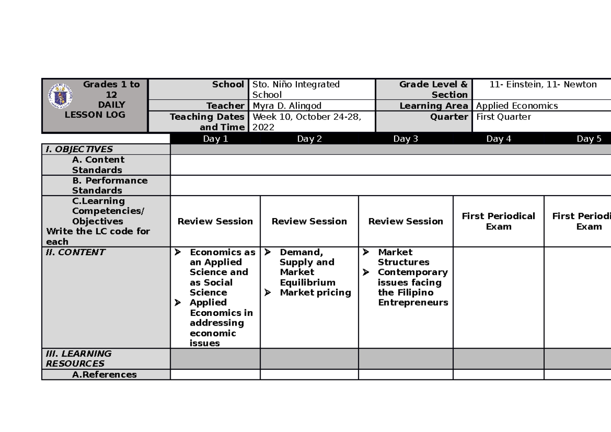 Week 10 - Lesson Log - Grades 1 To 12 DAILY LESSON LOG School Sto. Niño ...