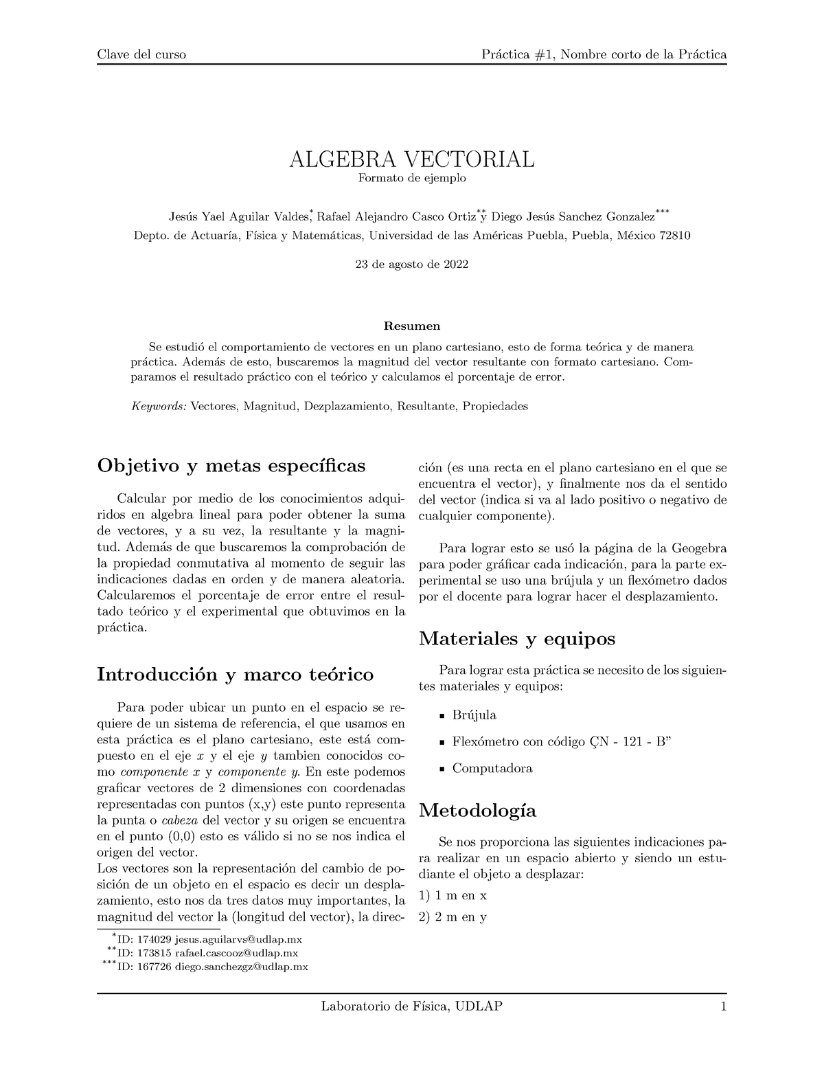 Pr Actica 1 Algebra Vectorial - Clave Del Curso Pr ́actica #1, Nombre ...