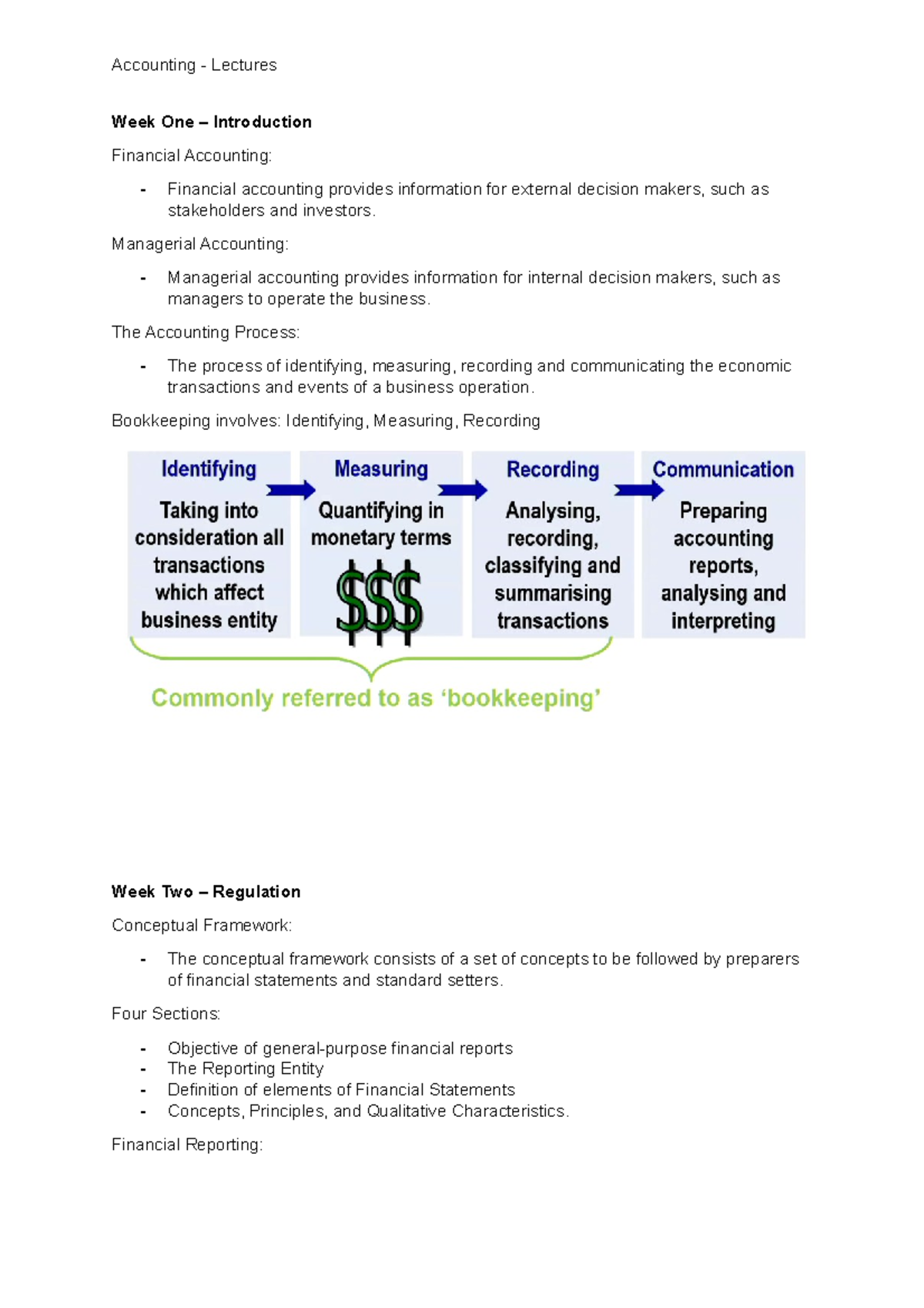 Accounting - Lecture Notes - Week One – Introduction Financial ...