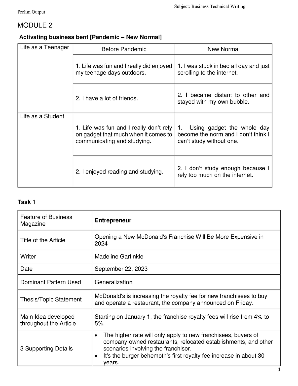 BTW Output - Prelim Output MODULE 2 Activating business bent [Pandemic ...