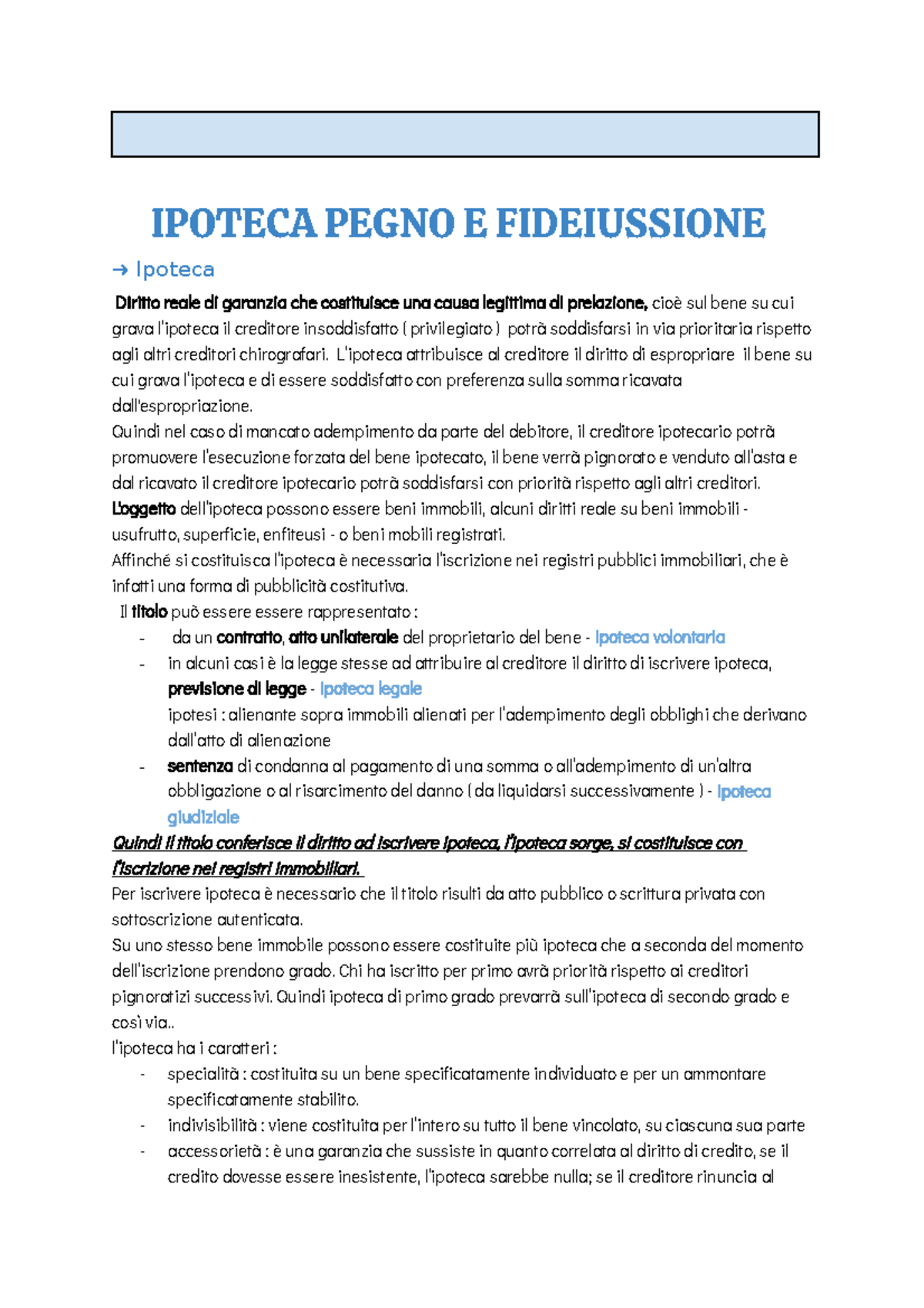 Ipoteca, pegno e fideiussione - IPOTECA PEGNO E FIDEIUSSIONE Ipoteca ...