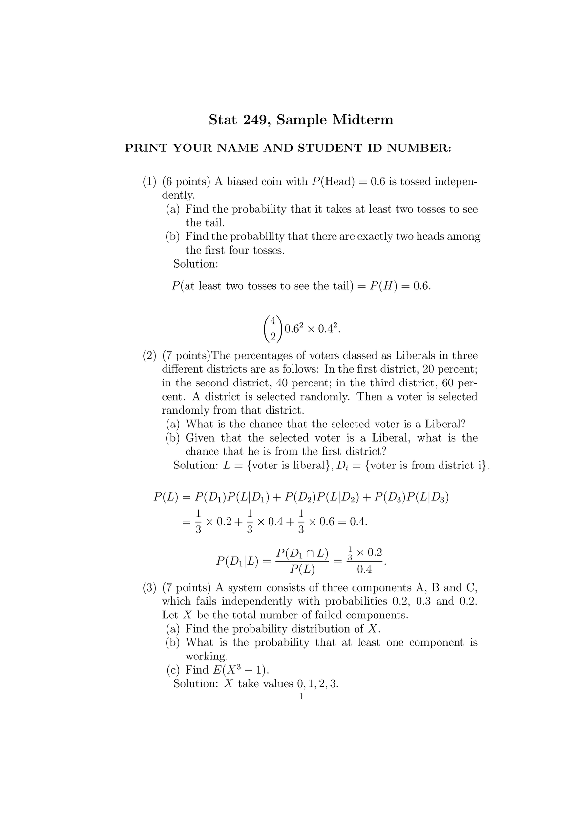 249 19 Sample Midterm Solution - Stat 249, Sample Midterm PRINT YOUR ...