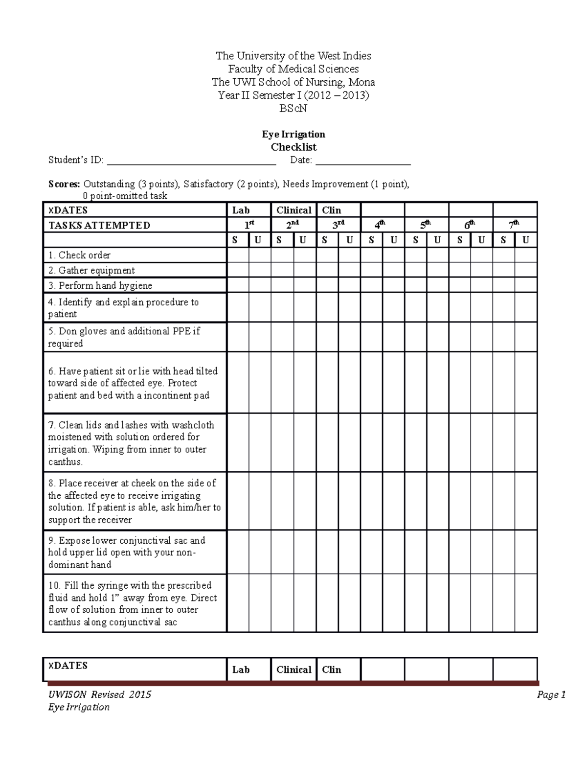 Eye Irrigation Checklist The University of the West Indies Faculty of