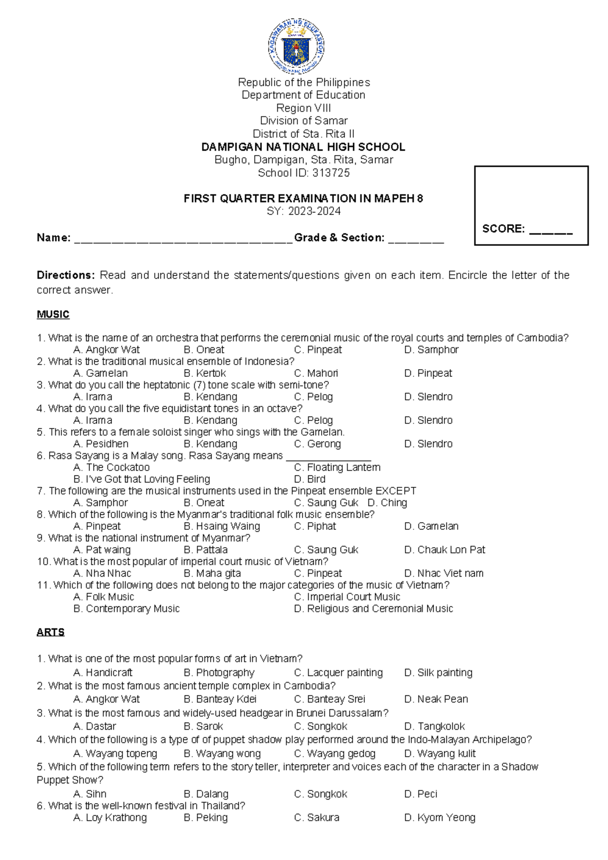 1st Quarter EXAM- Mapeh 8 - Republic Of The Philippines Department Of ...