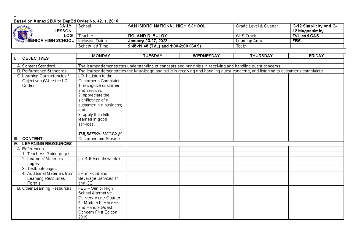 1 SHS Daily Lesson LOG DLL Template By - Based On Annex 2B To DepEd ...