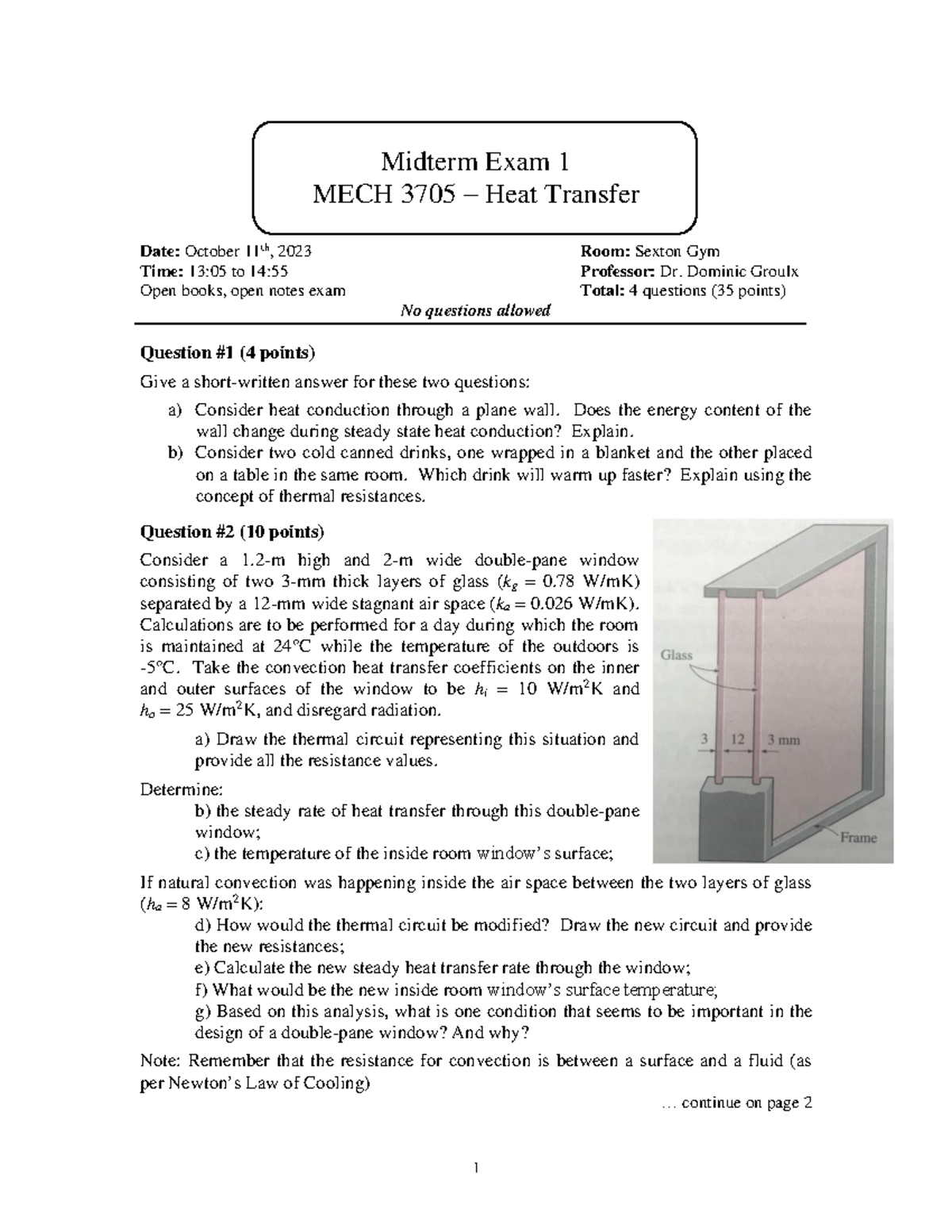 MECH3705 Term Exam1 F23 - 1 Midterm Exam 1 MECH 37 05 – Heat Transfer ...