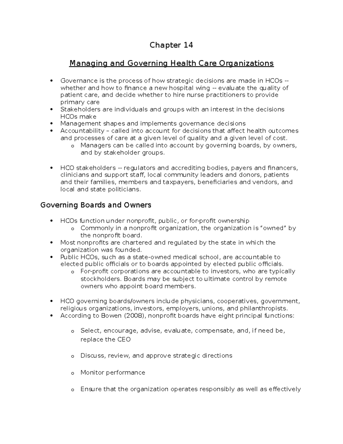 HPM - Chapter 14 Notes - Chapter 14 Managing and Governing Health Care ...