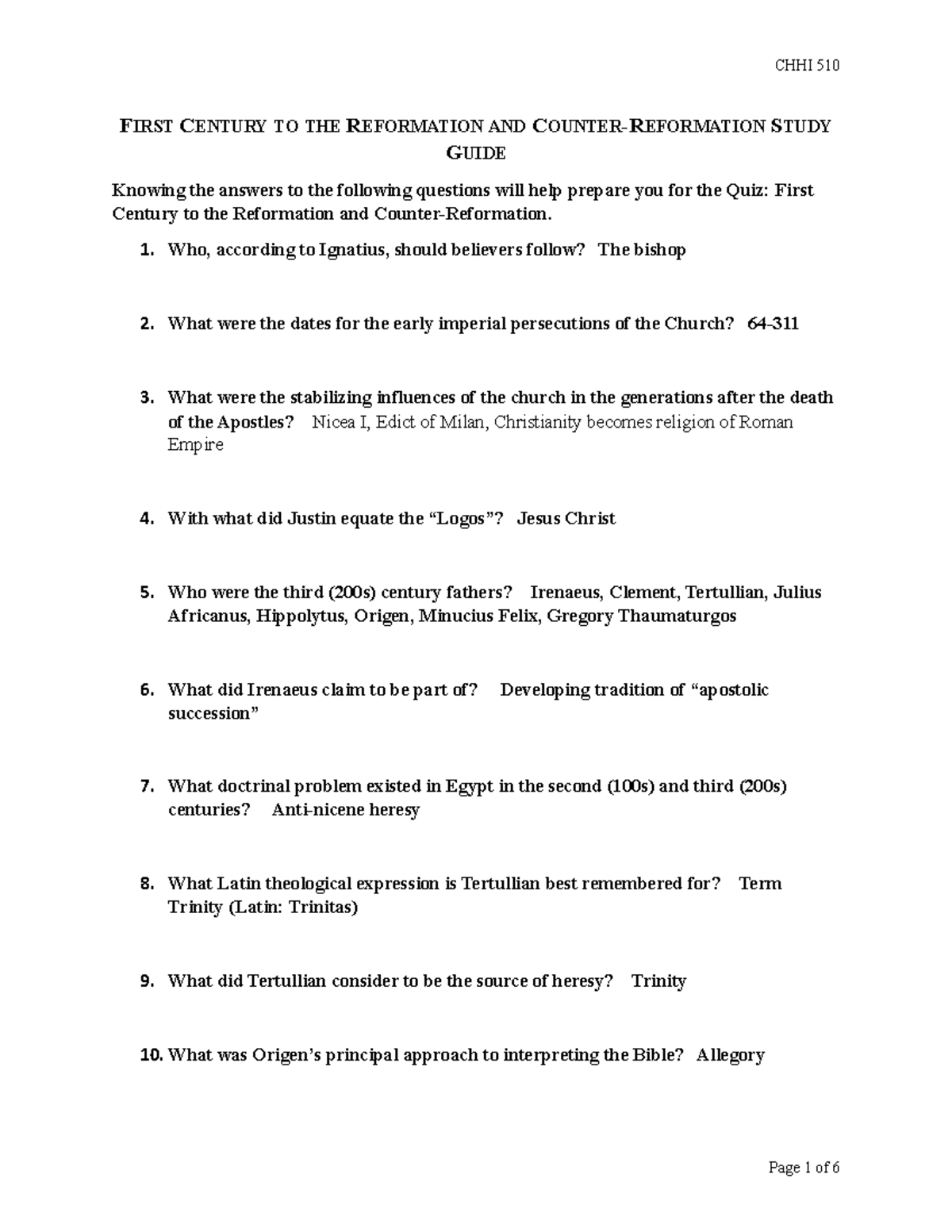 First Century To The Reformation And Counter-Reformation Study Guide 1 ...