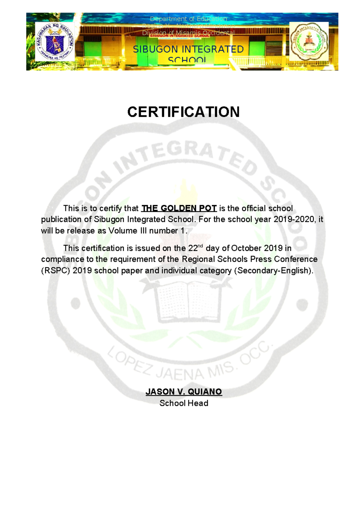 Certification - rspc - Essay - Department of Education Region X ...