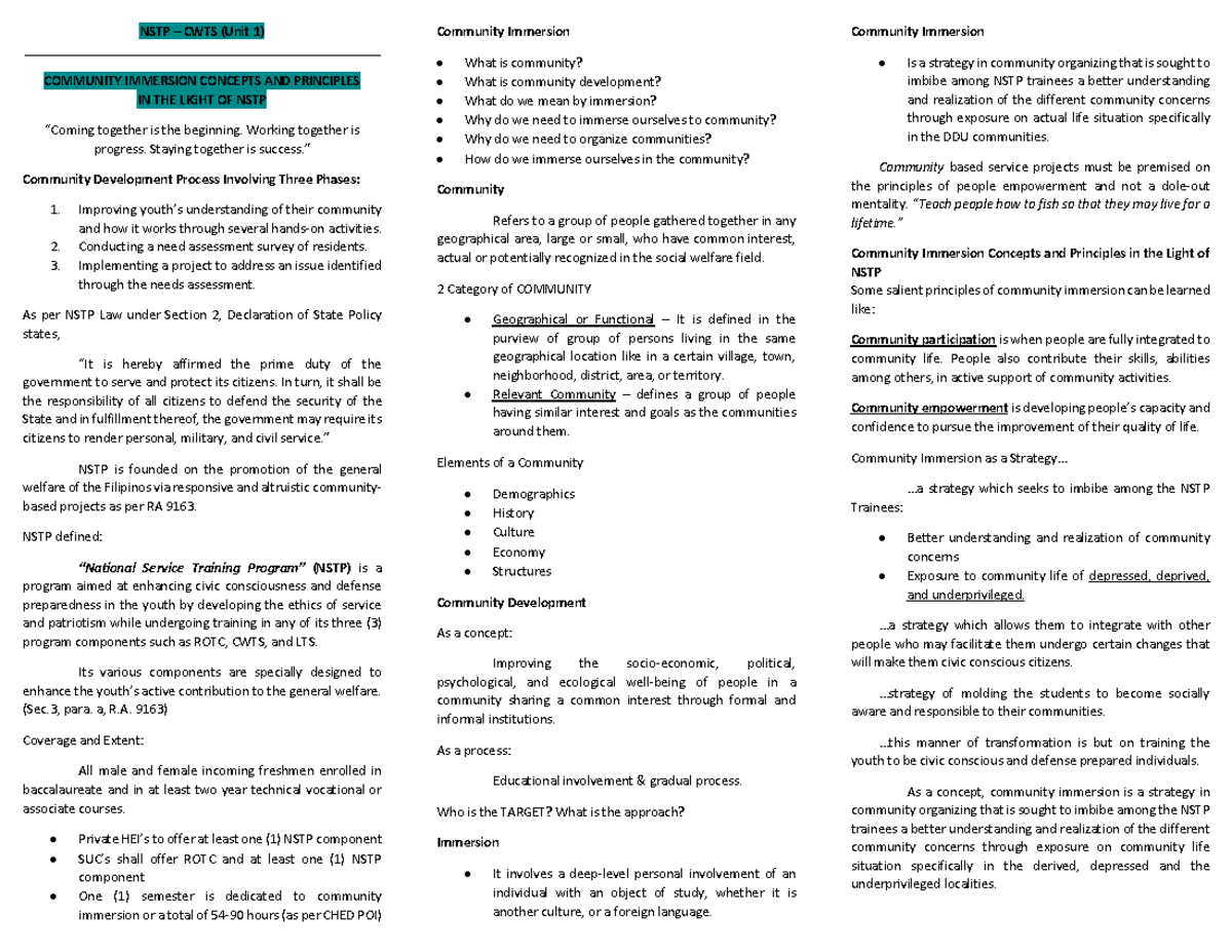 CWTS- Notes 2ND-SEM - i cont know - NSTP – CWTS (Unit 1) - Studocu