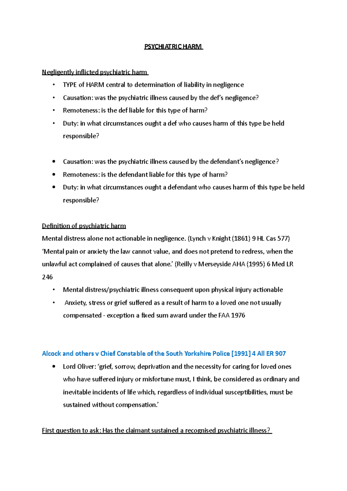 Psychiatric harm Lecture notes all PSYCHIATRIC HARM Negligently