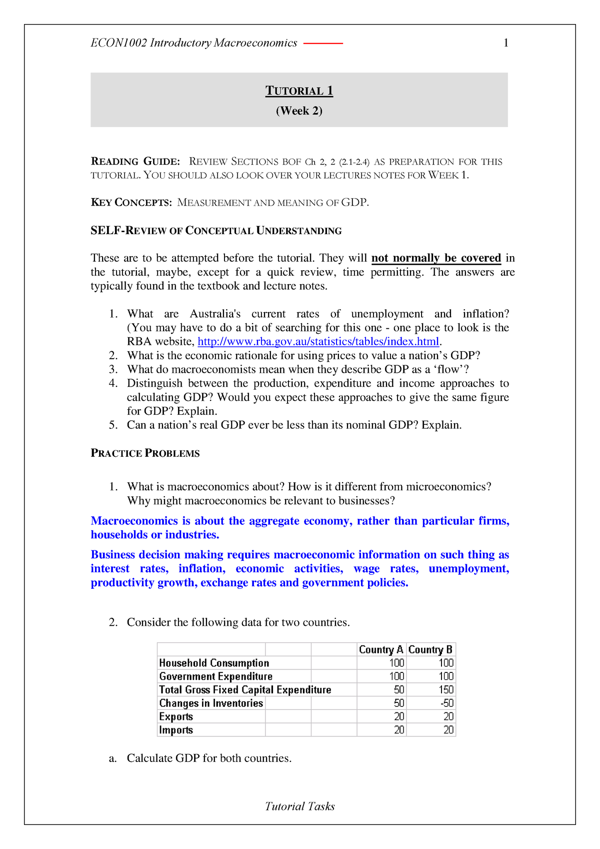 Tutorial 01 Answers - ECON1002 Introductory Macroeconomics Tutorial ...