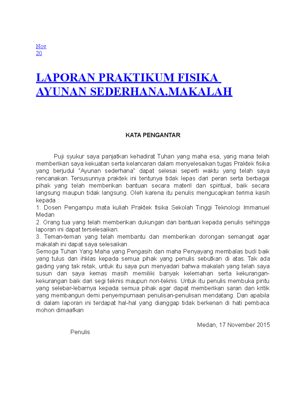 Laporan Praktikum Fisika Ayunan Sederhan - Nov 20 LAPORAN PRAKTIKUM ...