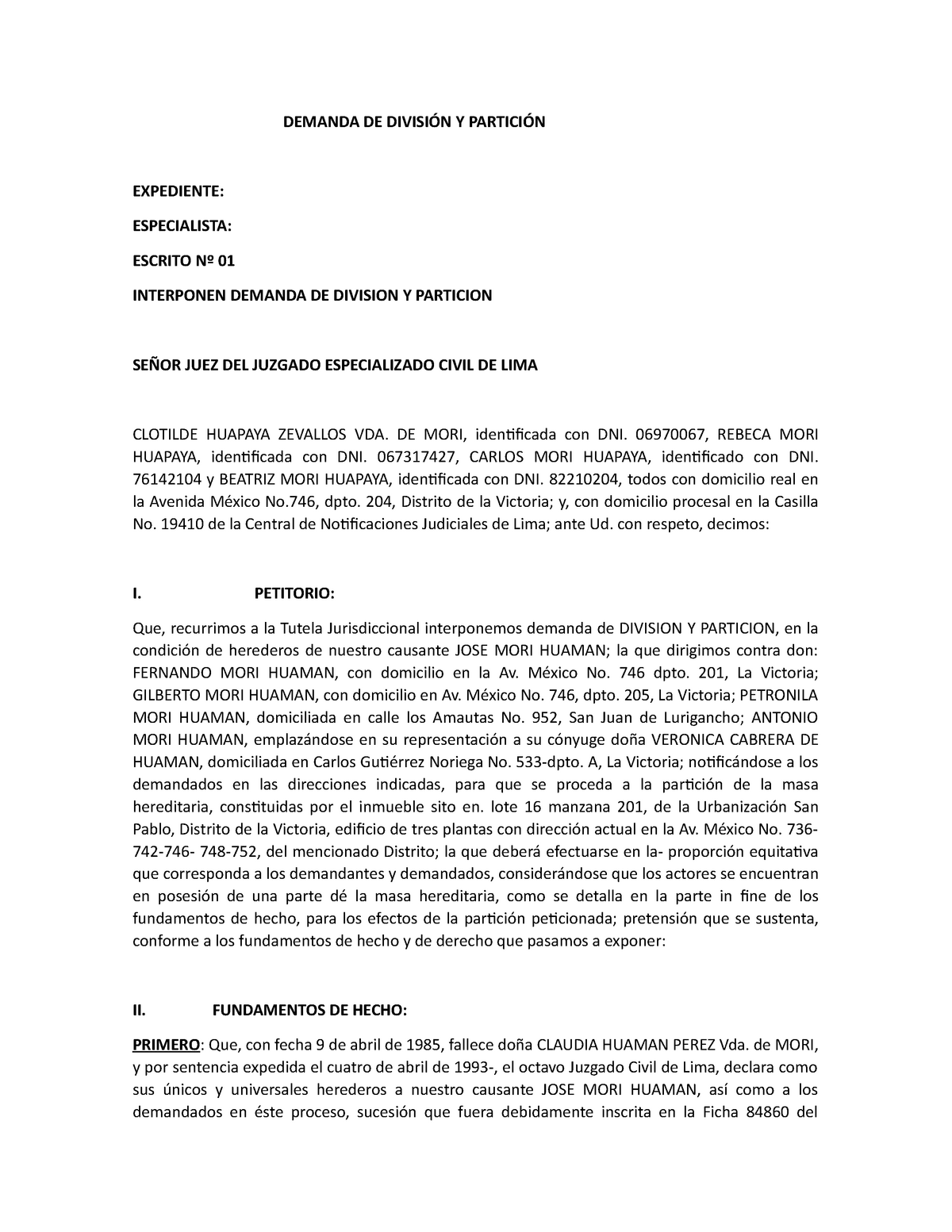 Modelo DE Demanda DE División Y Partición judicial - DEMANDA DE DIVISIÓN Y  PARTICIÓN EXPEDIENTE: - Studocu