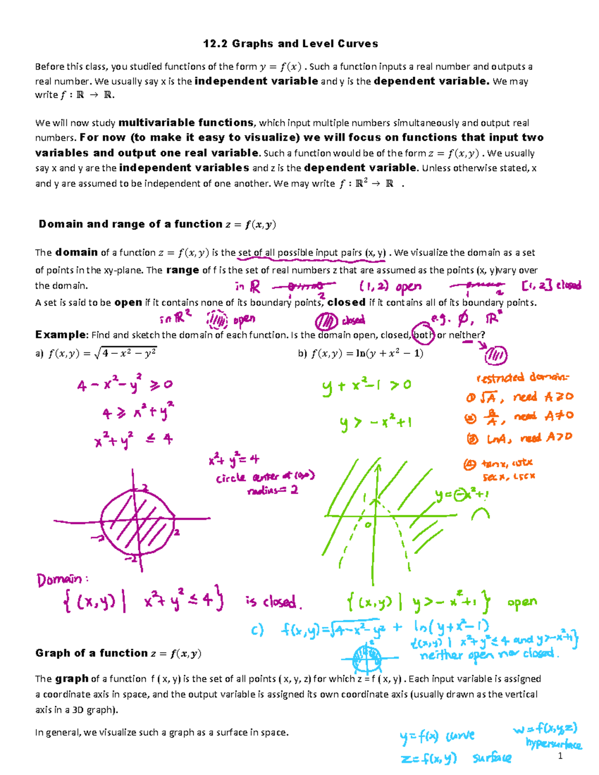 12 - Chapter 12.2 Review - 12 Graphs and Level Curves Before this class ...