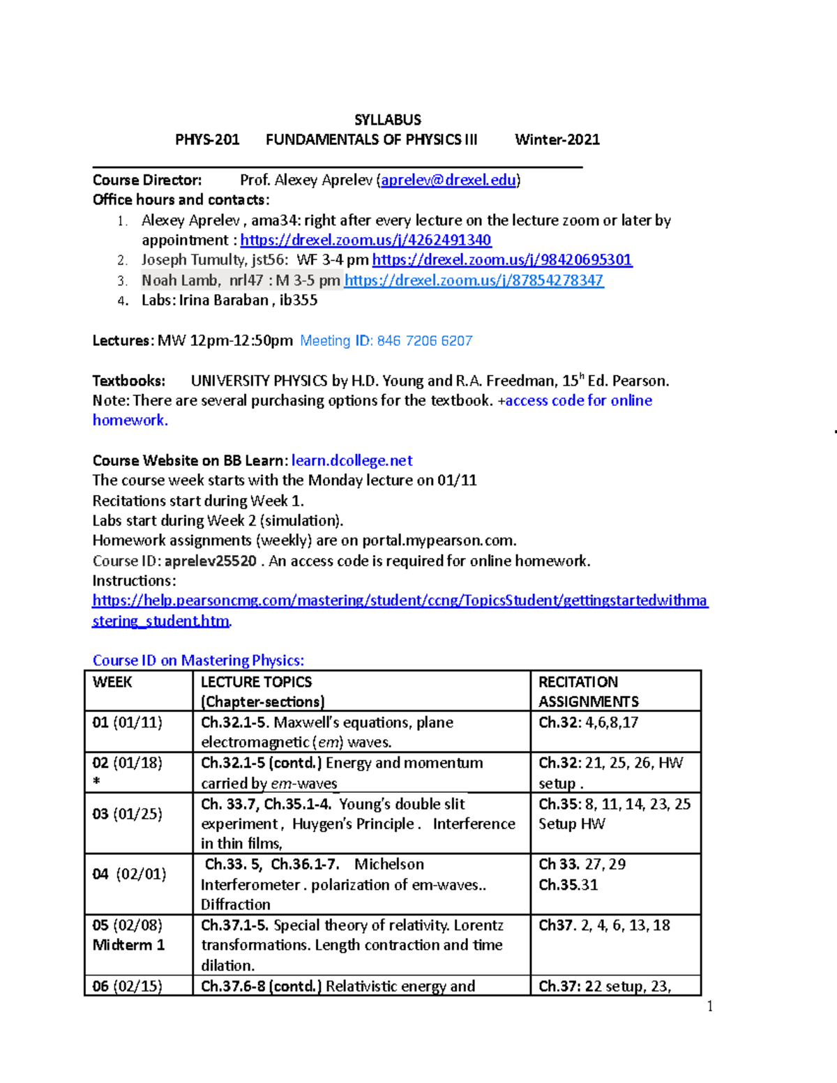 PHYS-201-SYL- Winter-2021 V3 - SYLLABUS **PHYS-201 FUNDAMENTALS OF ...