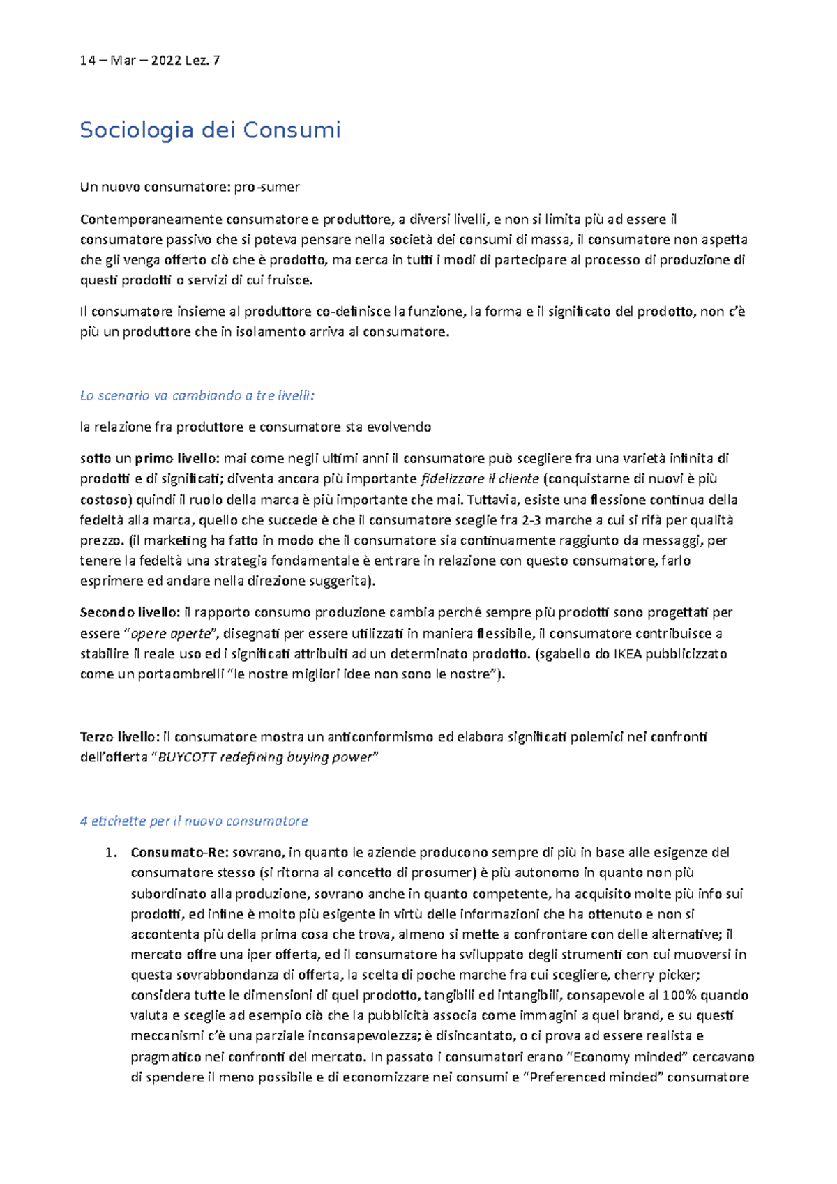 Sociologia dei Consumi 14 Mar 2022 Lez. 7 Sociologia dei Consumi