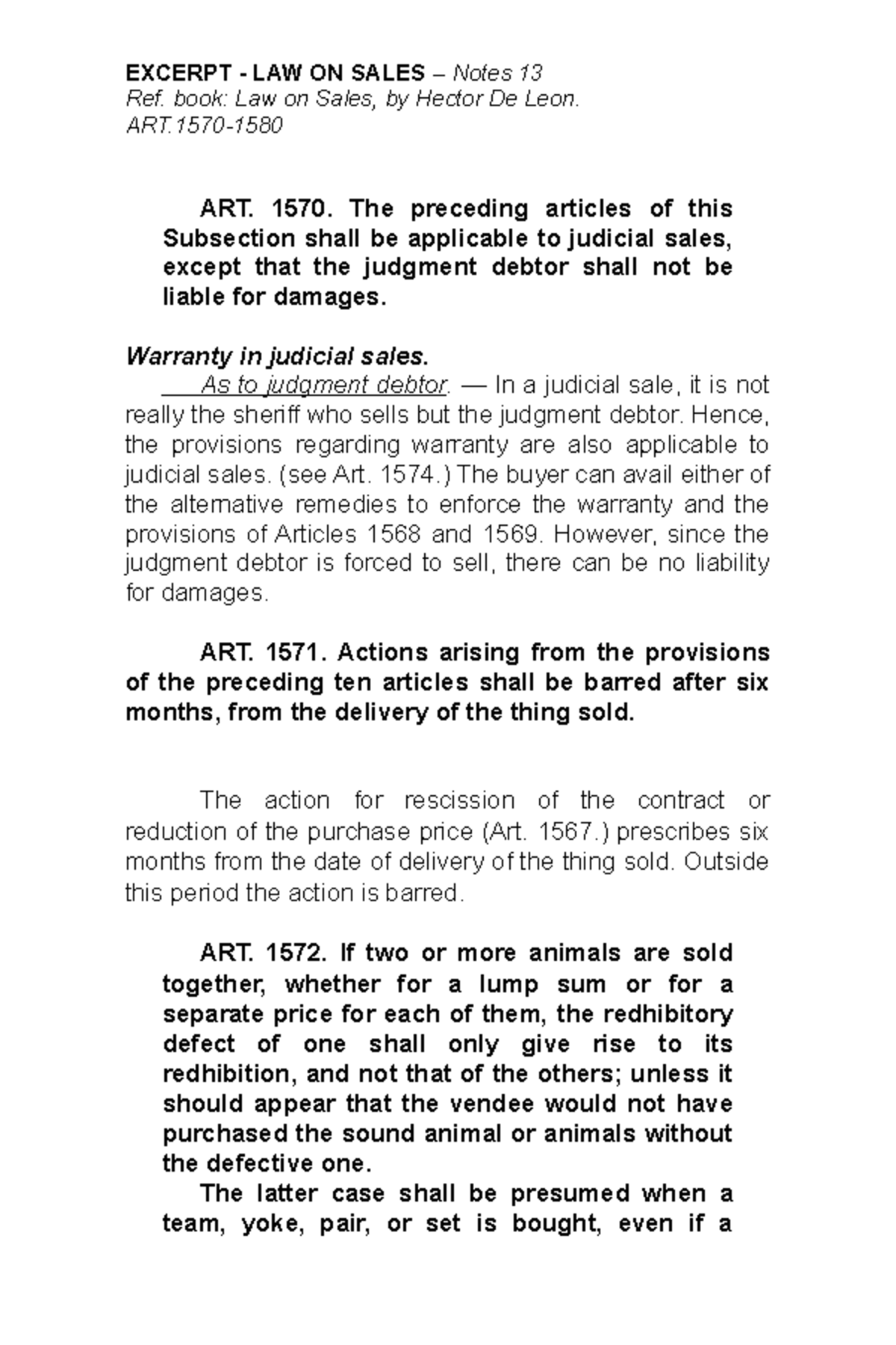 Excerpt on Law on Sales: Article 1570-1581 by Hector de Leon - Bs ...