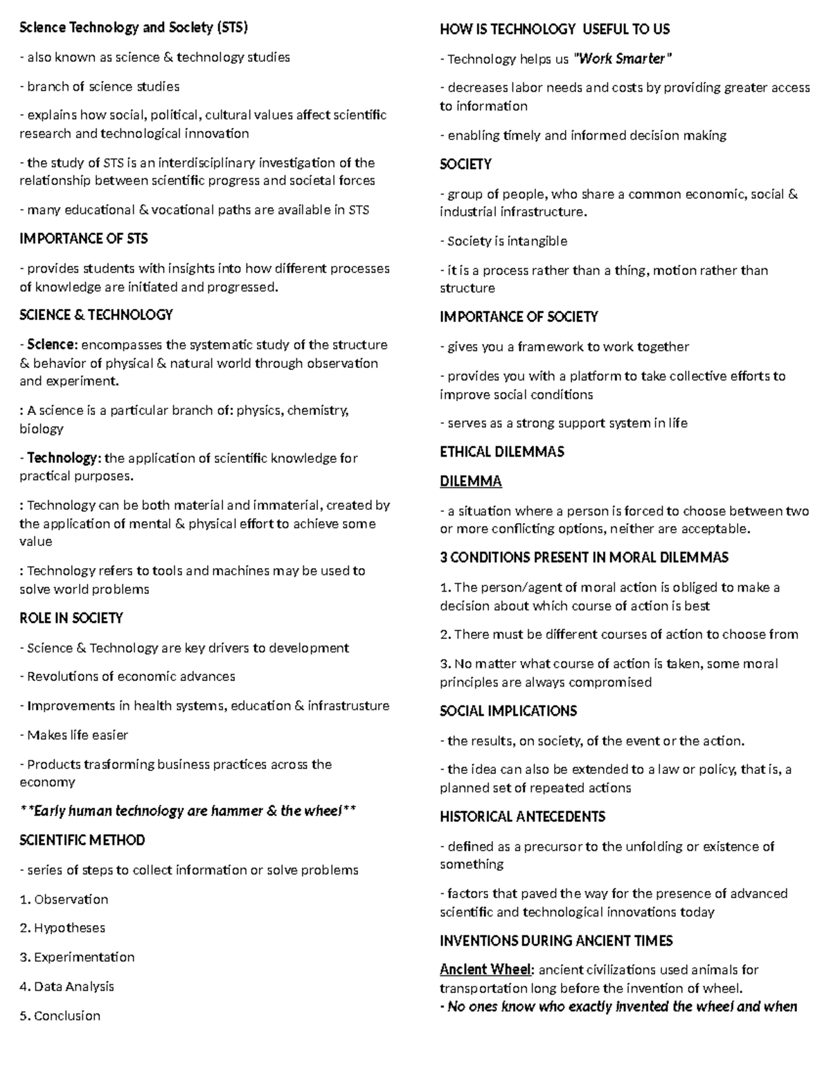 STS- Reviewer whole sem - Science Technology and Society (STS) also ...