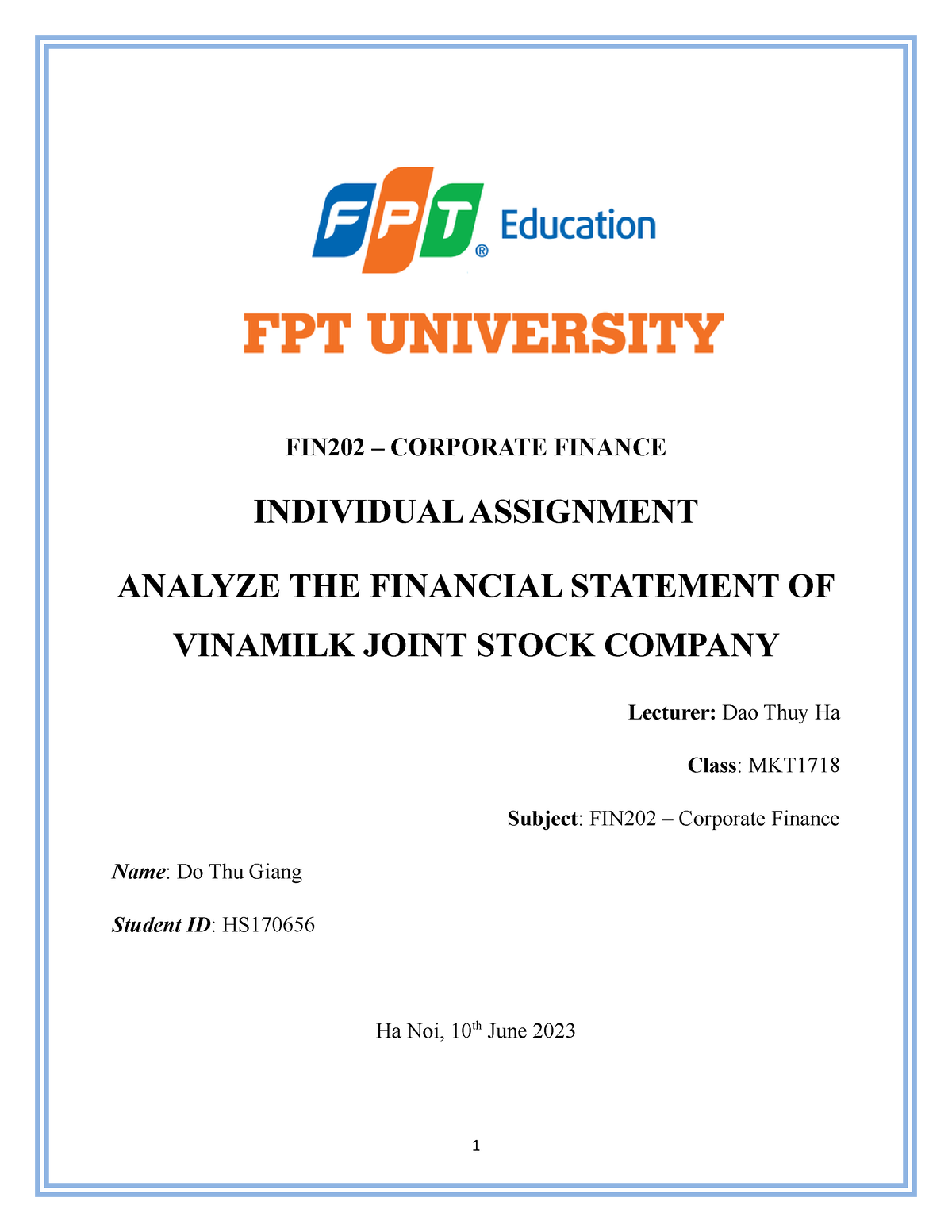 FIN202-Indi - Đây Là Bản Fin202 Cá Nhân - FIN202 – CORPORATE FINANCE ...