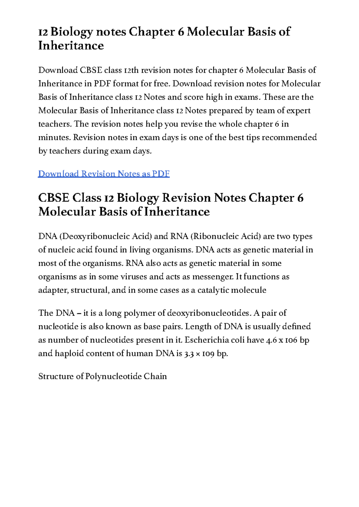 Molecular Basis of Inheritance class 12 Notes Biology - 12 Biology ...