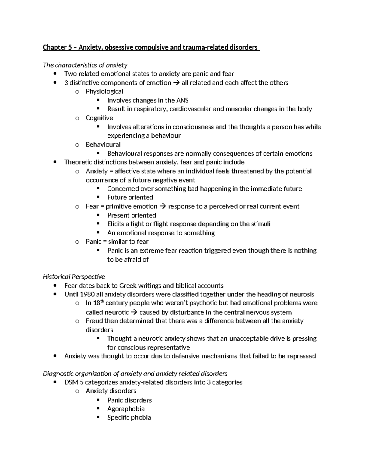 Chapter 5 - Notes - Chapter 5 – Anxiety, Obsessive Compulsive And ...