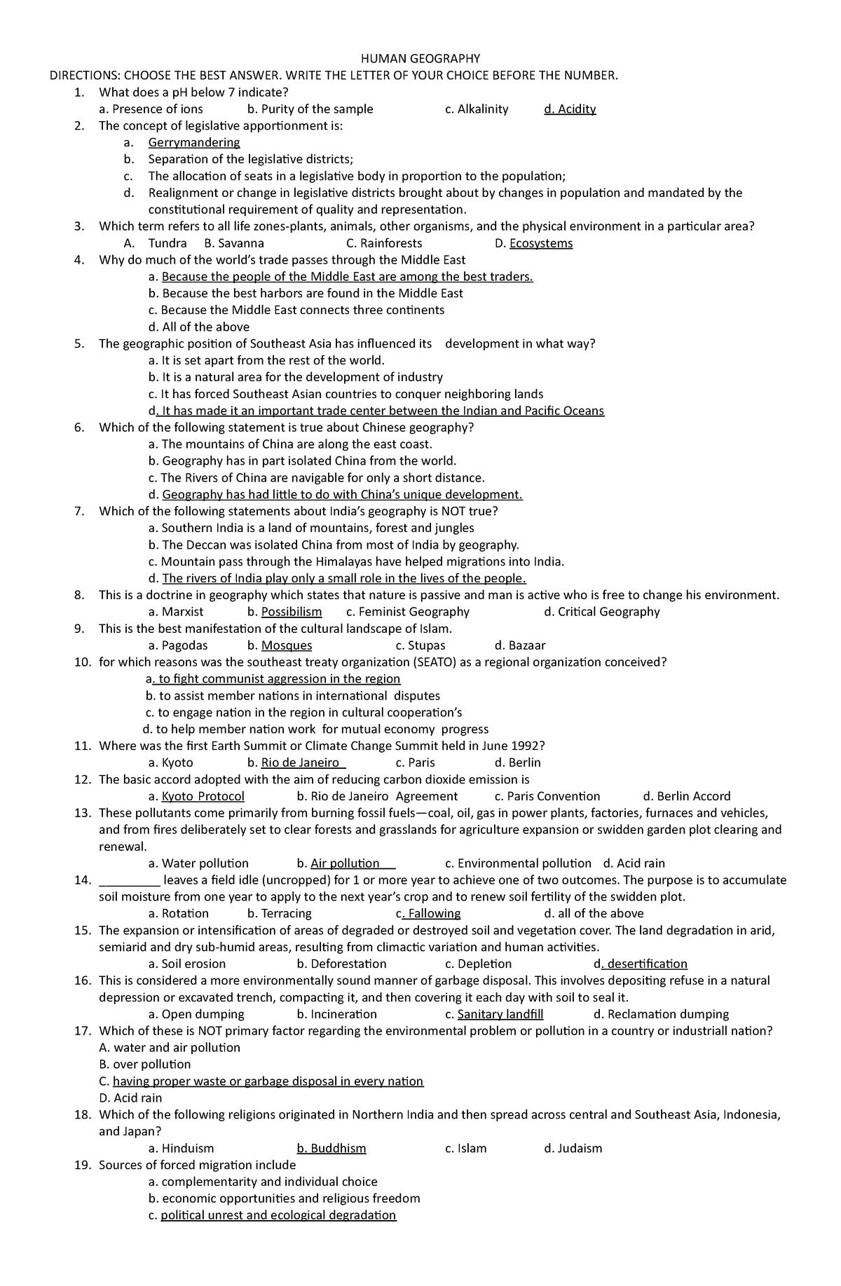 Final Exam Human Geography With Answer - HUMAN GEOGRAPHY DIRECTIONS ...