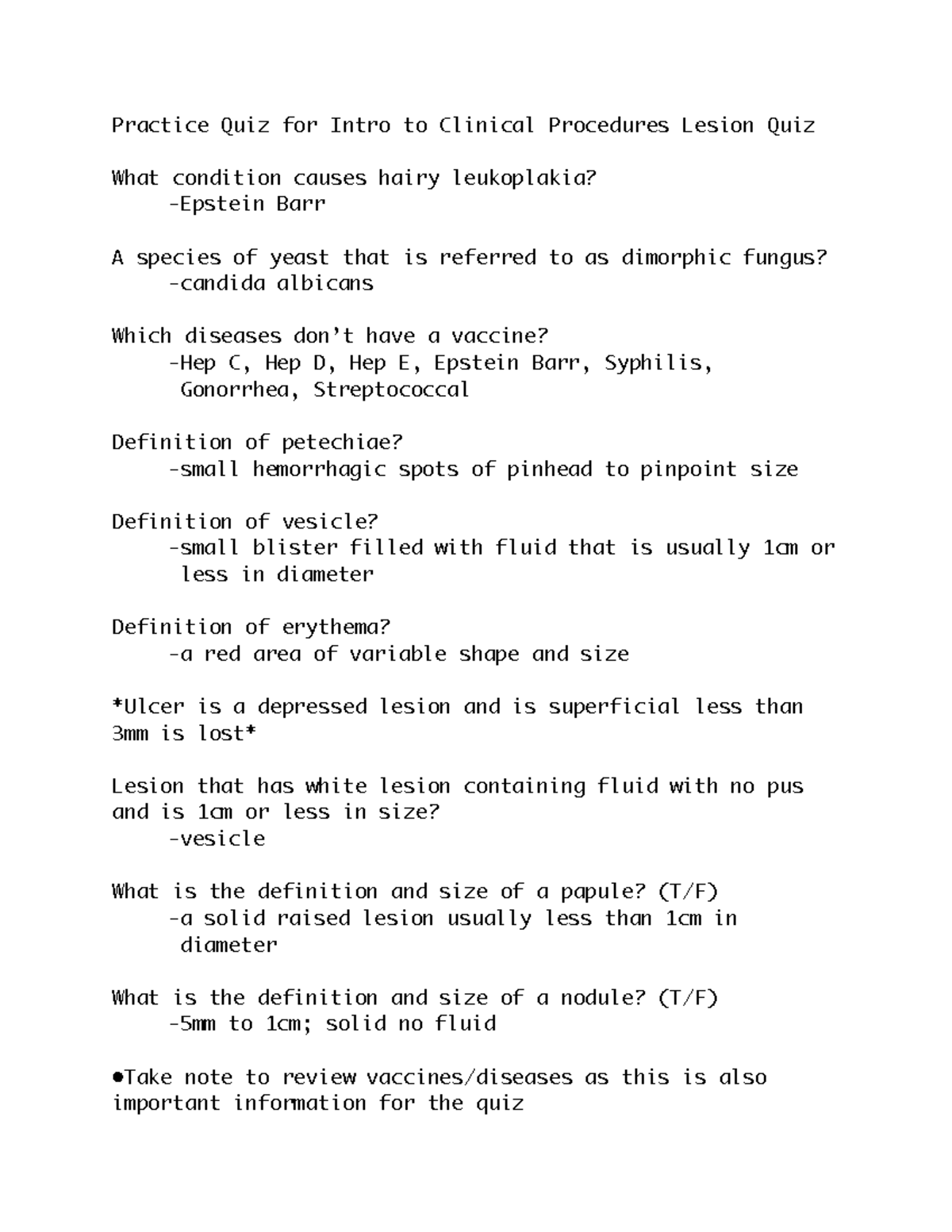 Practice Quiz For Intro To Clinical Procedures Lesion Quiz Pdf ...