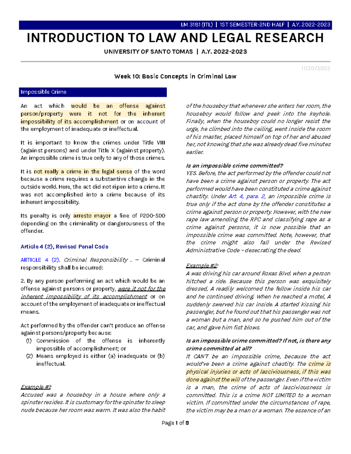 Criminal Law Reviewer Topics Impossible Crime, Inherent
