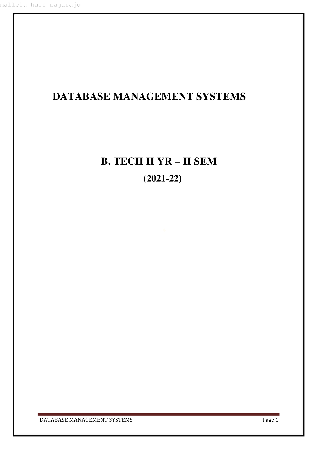 Database Management Systems - B. TECH II YR – II SEM (2021-22) DATABASE ...