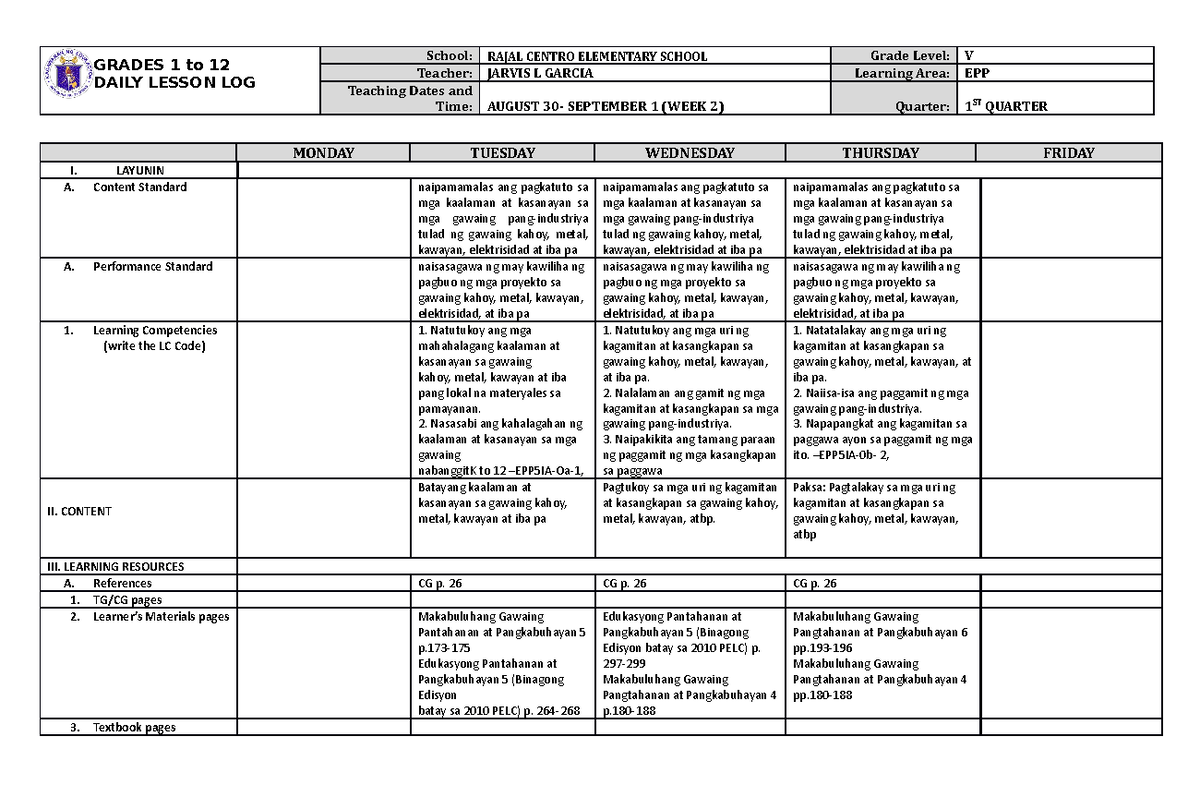 Grade 6 DLL EPP 5 Q1 Week 1 - GRADES 1 to 12 DAILY LESSON LOG School ...