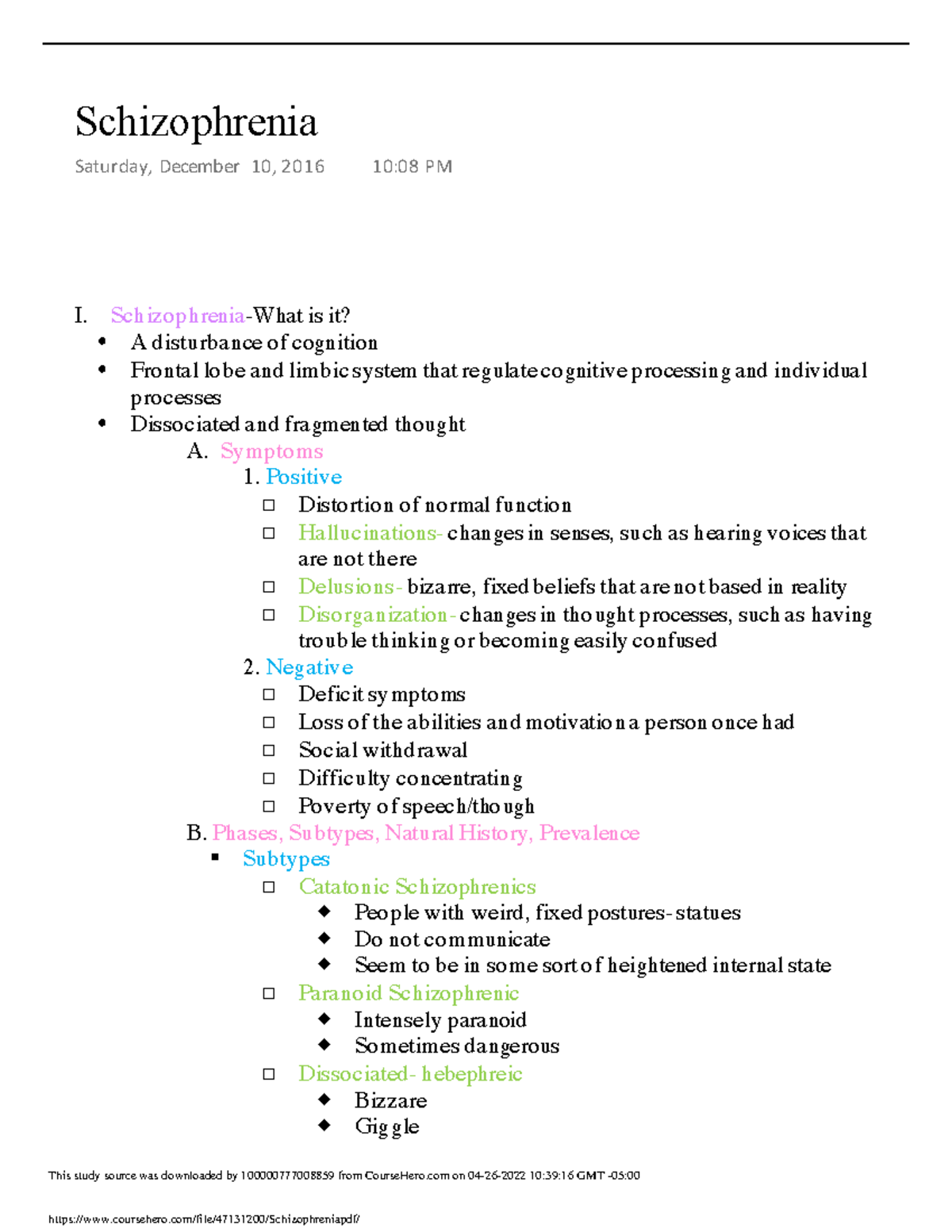 Schizophrenia notes psych - I. Schizophrenia-What is it? - A ...