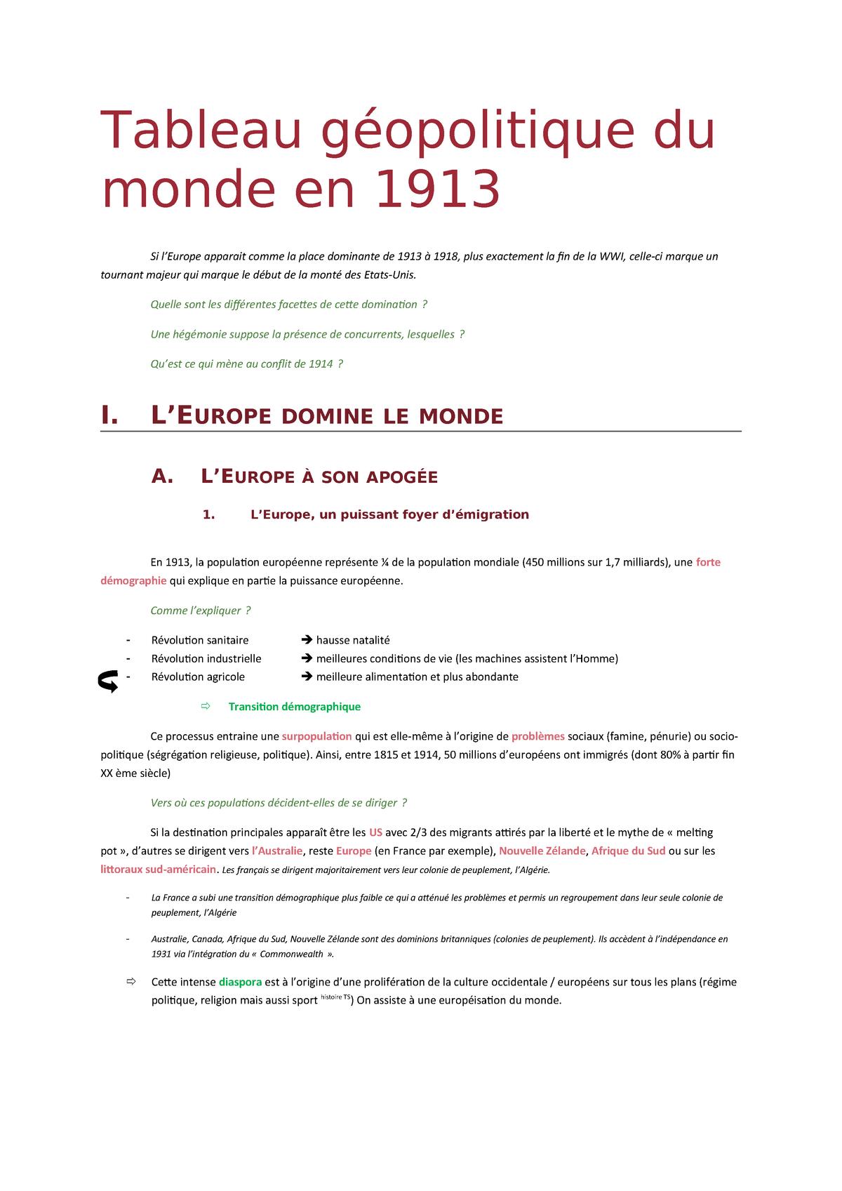 Chapitre 1 Tableau Géopolitique Du Monde En 1913 Studocu