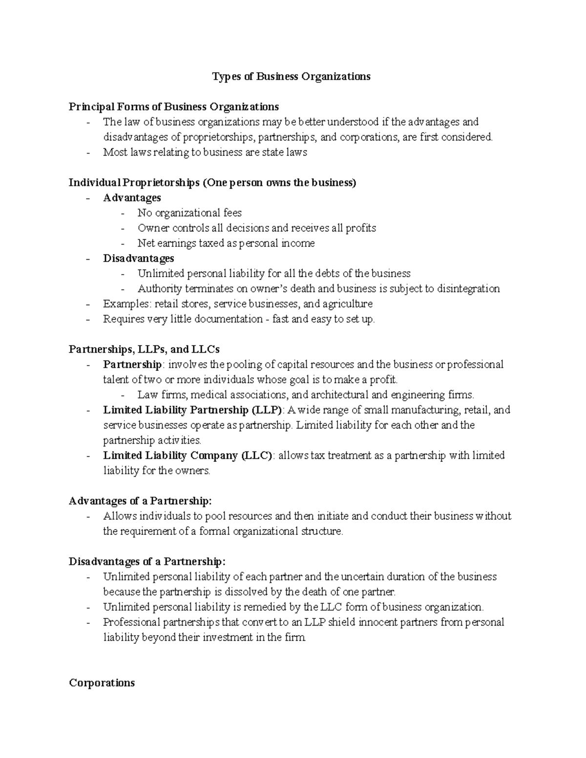 types of business organizations assignment