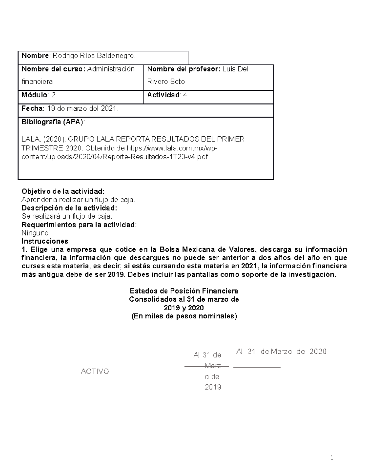 Act 4 administracion financiera rodrigo rios - Nombre : Rodrigo Ríos ...