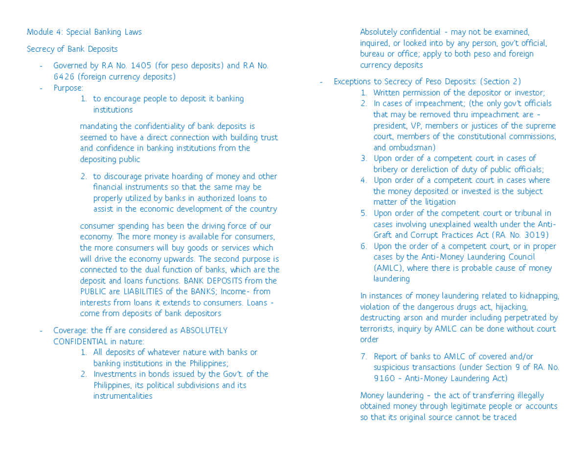 Rflib Notes Module 4 - Law - Module 4: Special Banking Laws Secrecy Of ...