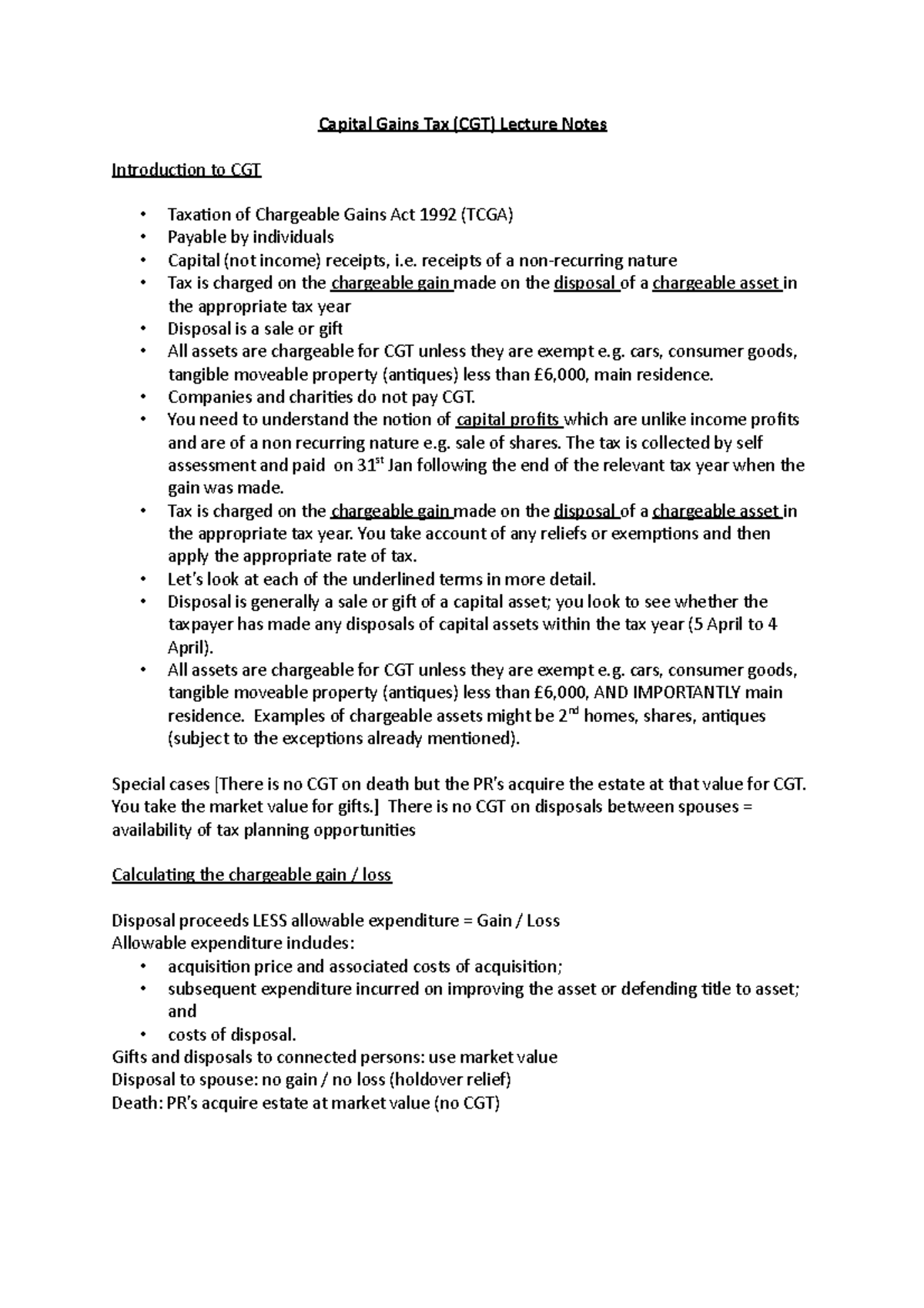 Capital Gains Tax Lecture Notes - Capital Gains Tax (CGT) Lecture Notes ...