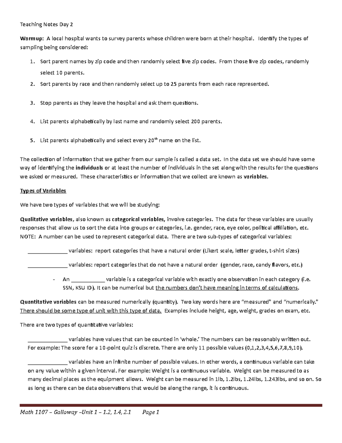 Stat Day 2 Notes - Teaching Notes Day 2 Warmup: A local hospital wants ...