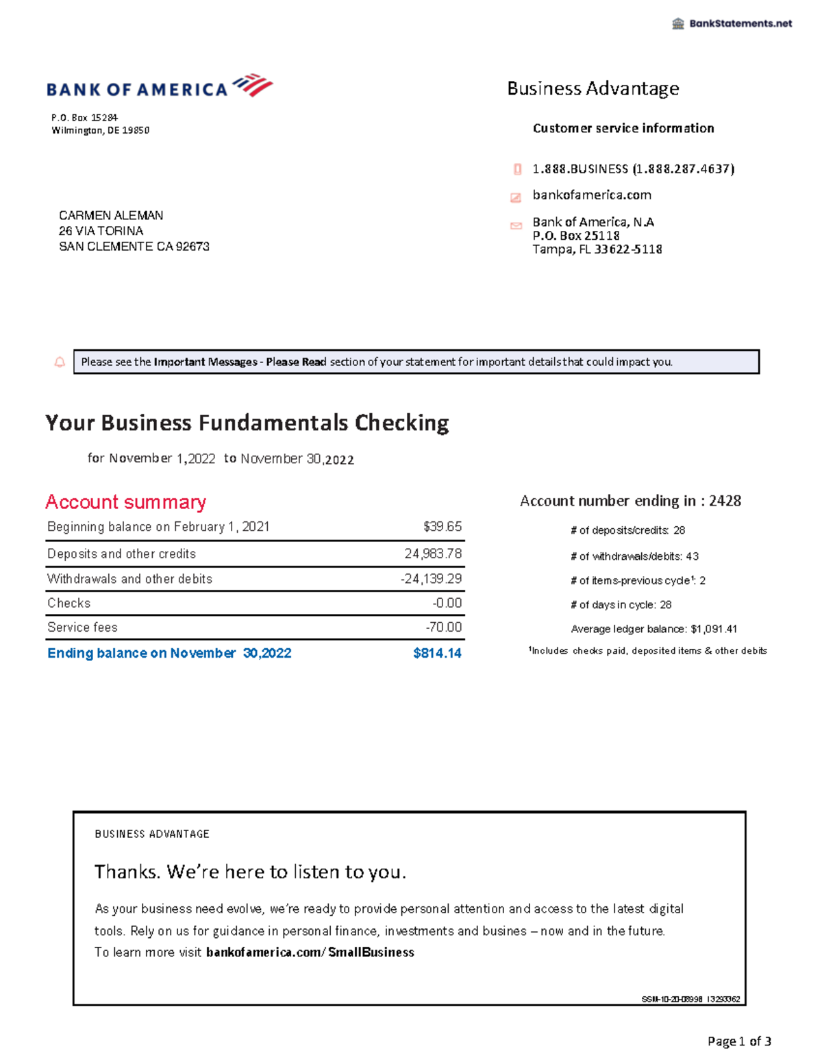 bank statement bank of america example