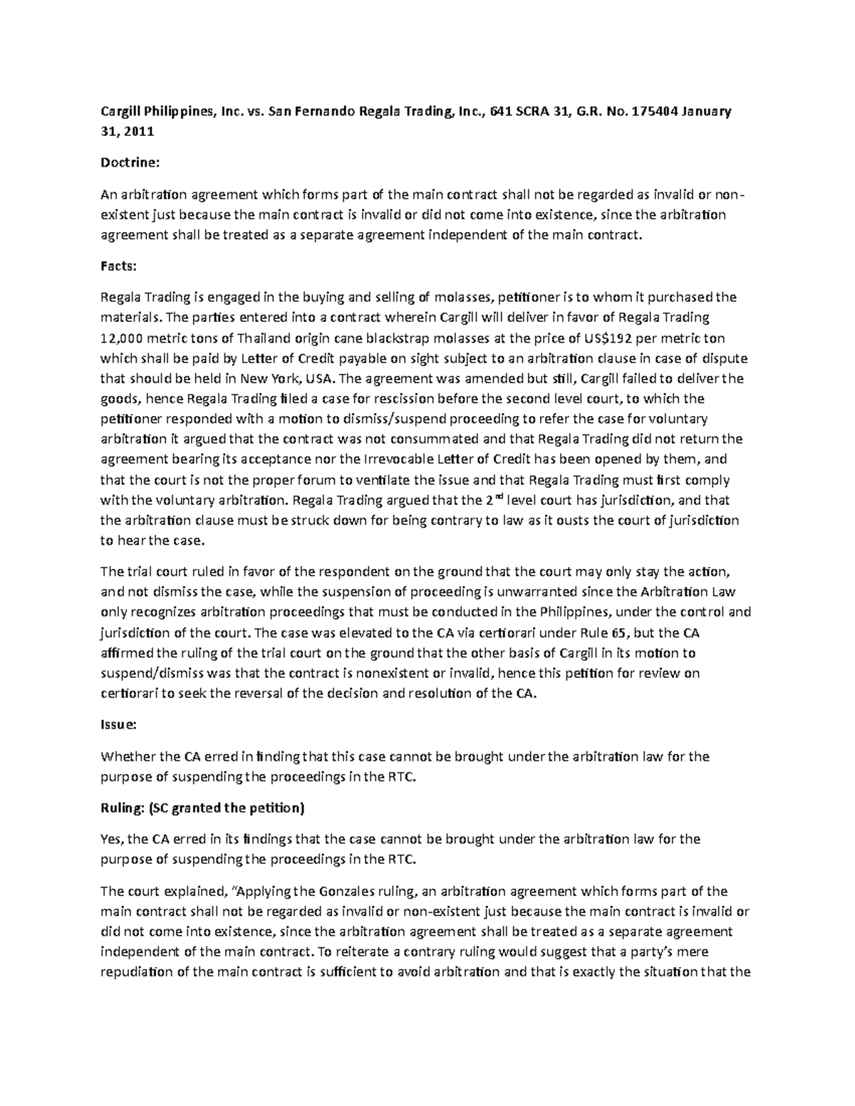 Arbitration Remains Cargill Philippines, Inc. vs. San Fernando Regala